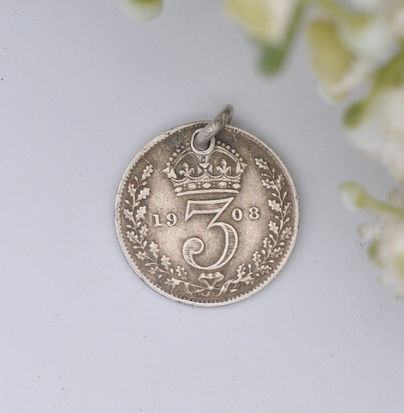 Antique Silver Edward VII Threepence Coin 1908 Charm Pendant - Silver Coin Jewellery