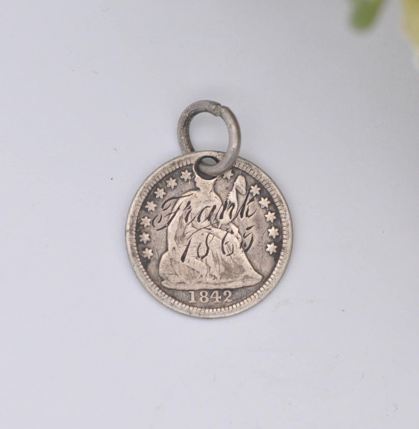 Antique Silver American Dime Coin Charm Pendant - Love Token | Engraved Frank 1865 | Seated Liberty with Stars