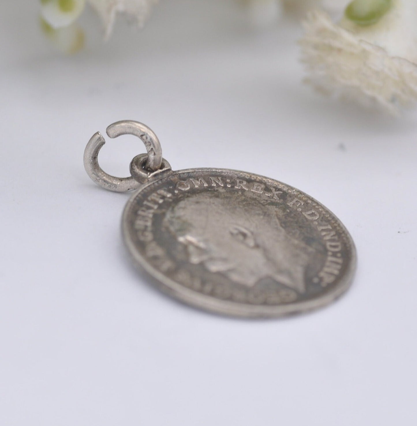 Antique Silver George V Three Pence 1917 Coin Charm Pendant - Silver Coin Jewellery