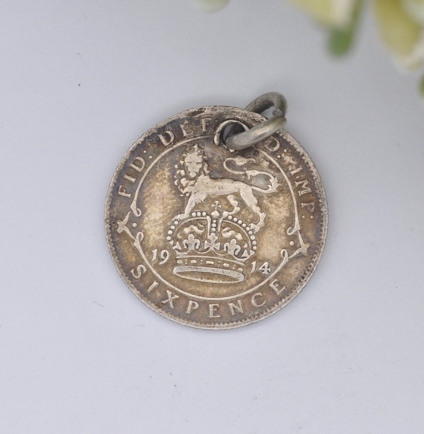 Antique Sterling Silver George V Six Pence 1914 Coin Charm Pendant - Silver Coin Jewellery