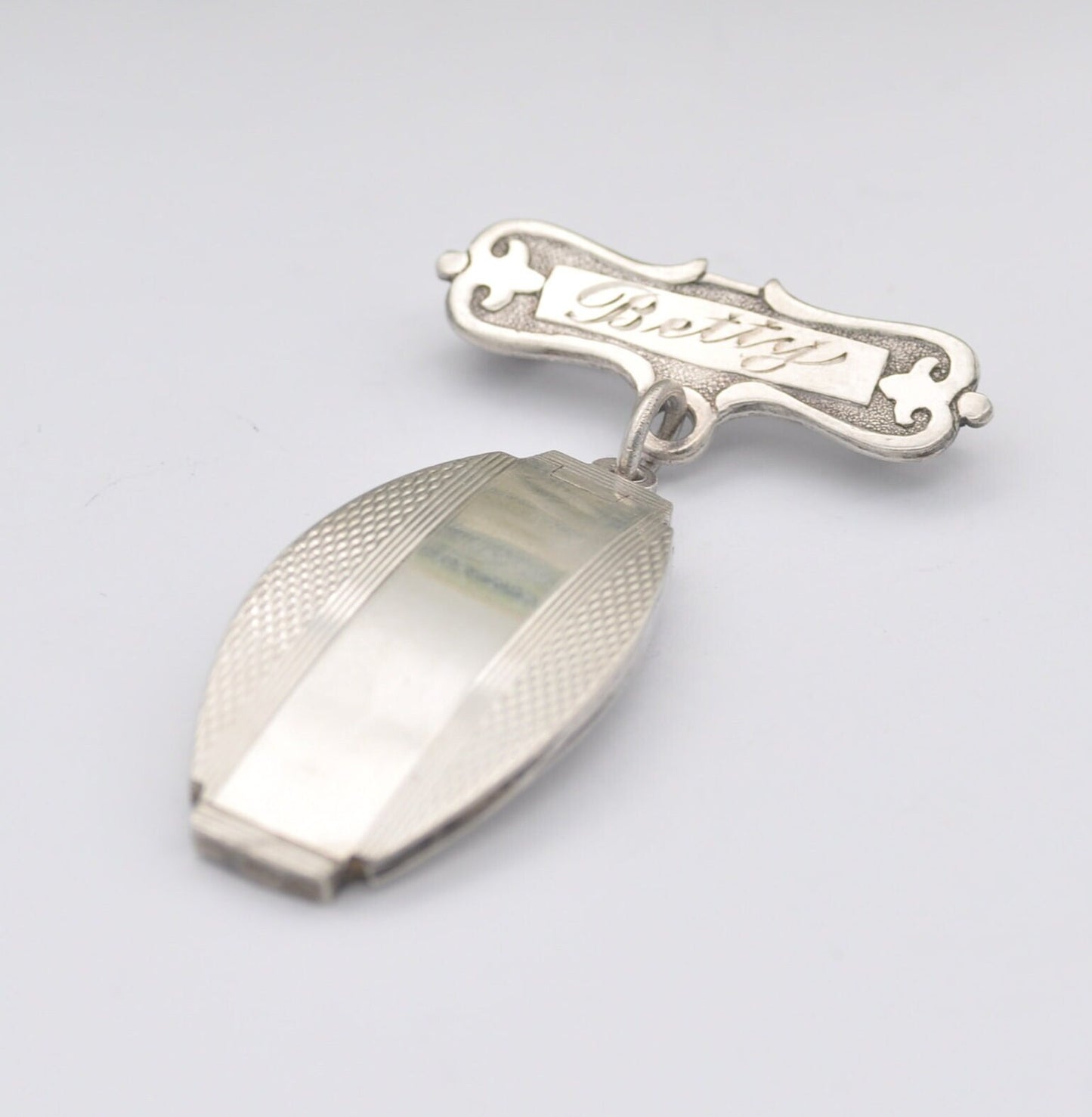 Antique Sterling Silver Locket Pendant Brooch - Unusual Hanging Locket | Inscribed Betty | Engine Turned