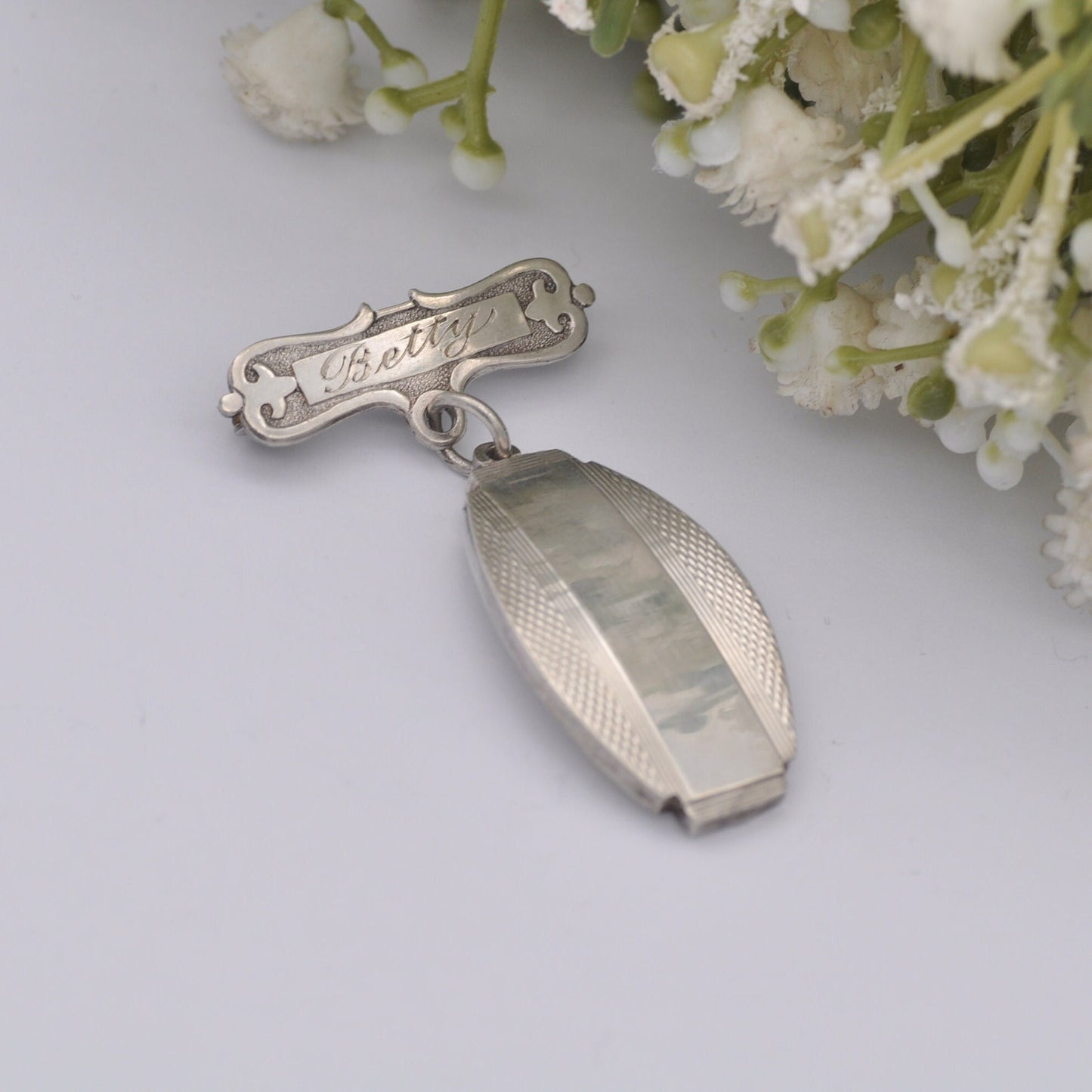 Antique Sterling Silver Locket Pendant Brooch - Unusual Hanging Locket | Inscribed Betty | Engine Turned