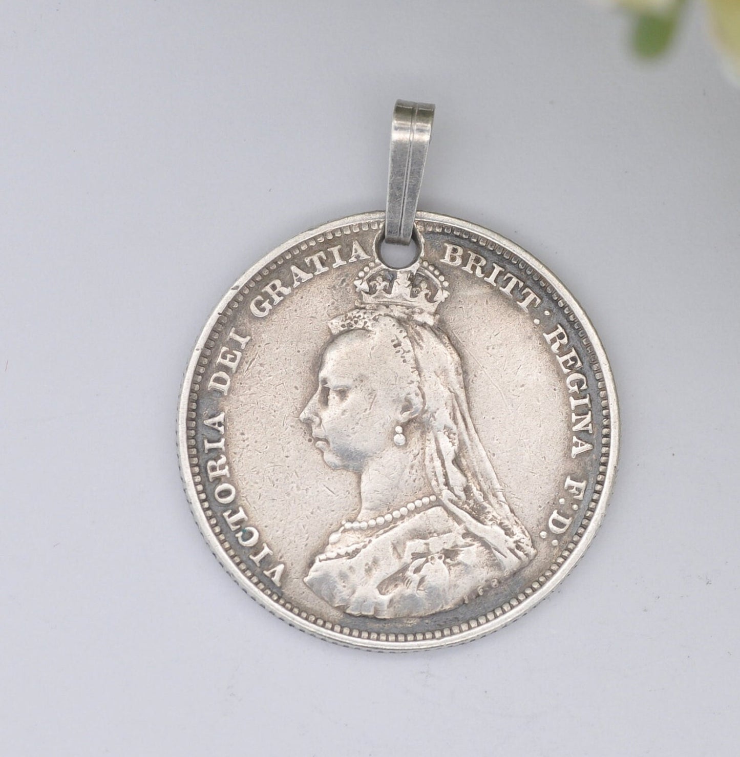 Antique Victorian Silver Shilling 1887 Coin Charm Pendant - Victoria Silver Coin Jewellery | Shield