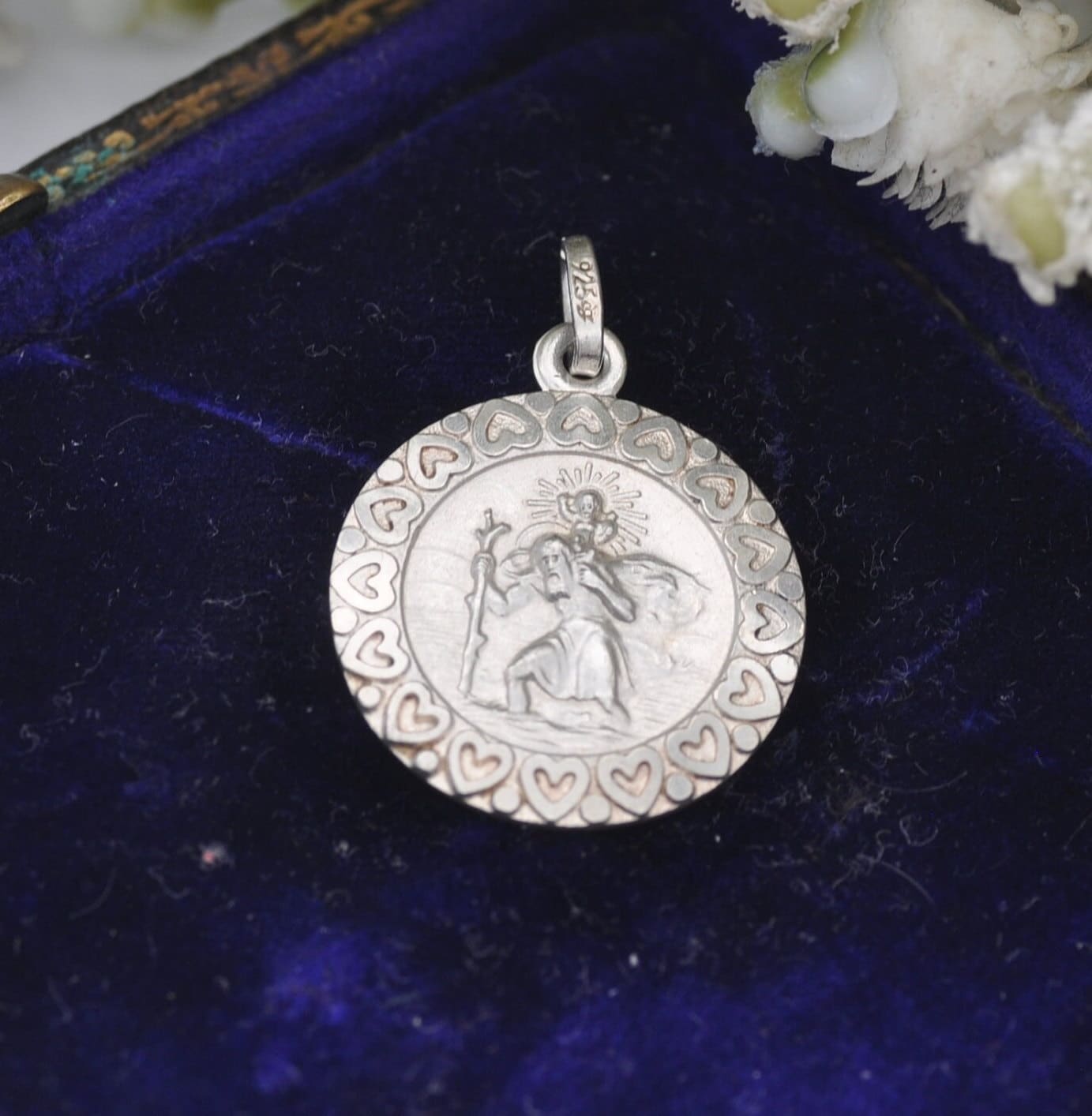 Vintage Sterling Silver St. Christopher Charm Pendant with Love Heart Border