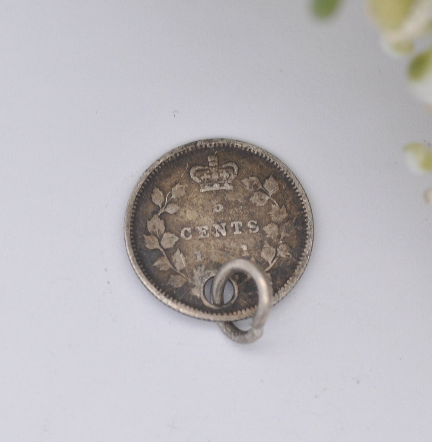 Antique Silver Victoria Canada 5 Cents Coin Charm Pendant - Young Victoria in Laurel Wreath