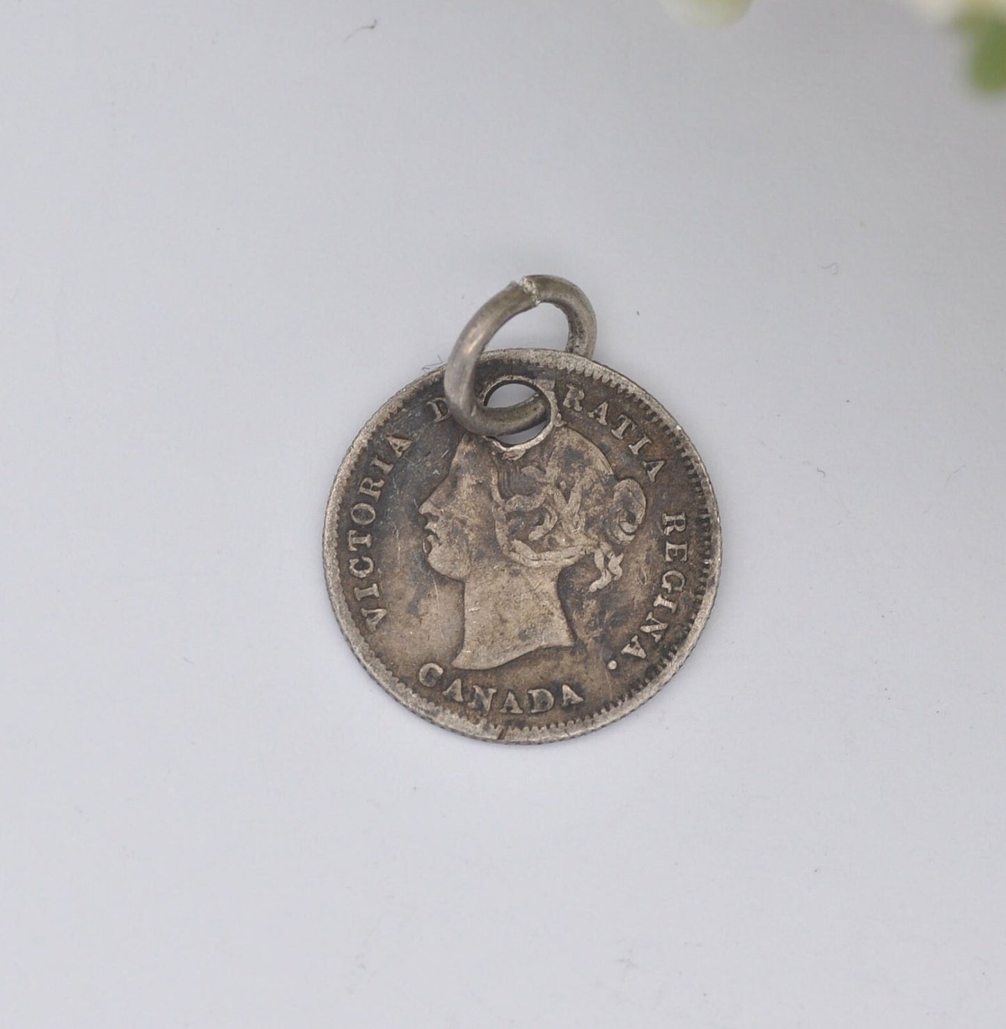 Antique Silver Victoria Canada 5 Cents Coin Charm Pendant - Young Victoria in Laurel Wreath