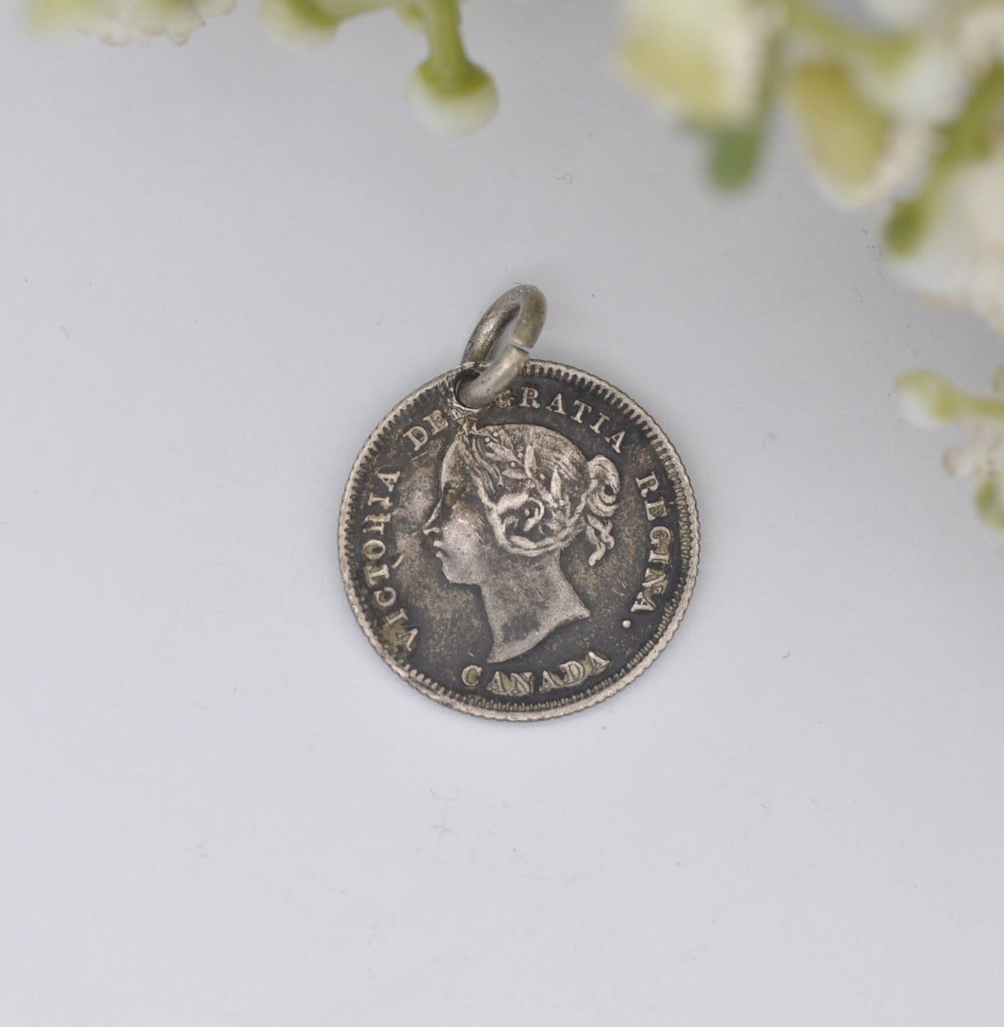 Antique Silver Victoria Canada 5 Cents 1883 Coin Charm Pendant - Young Victoria in Laurel Wreath