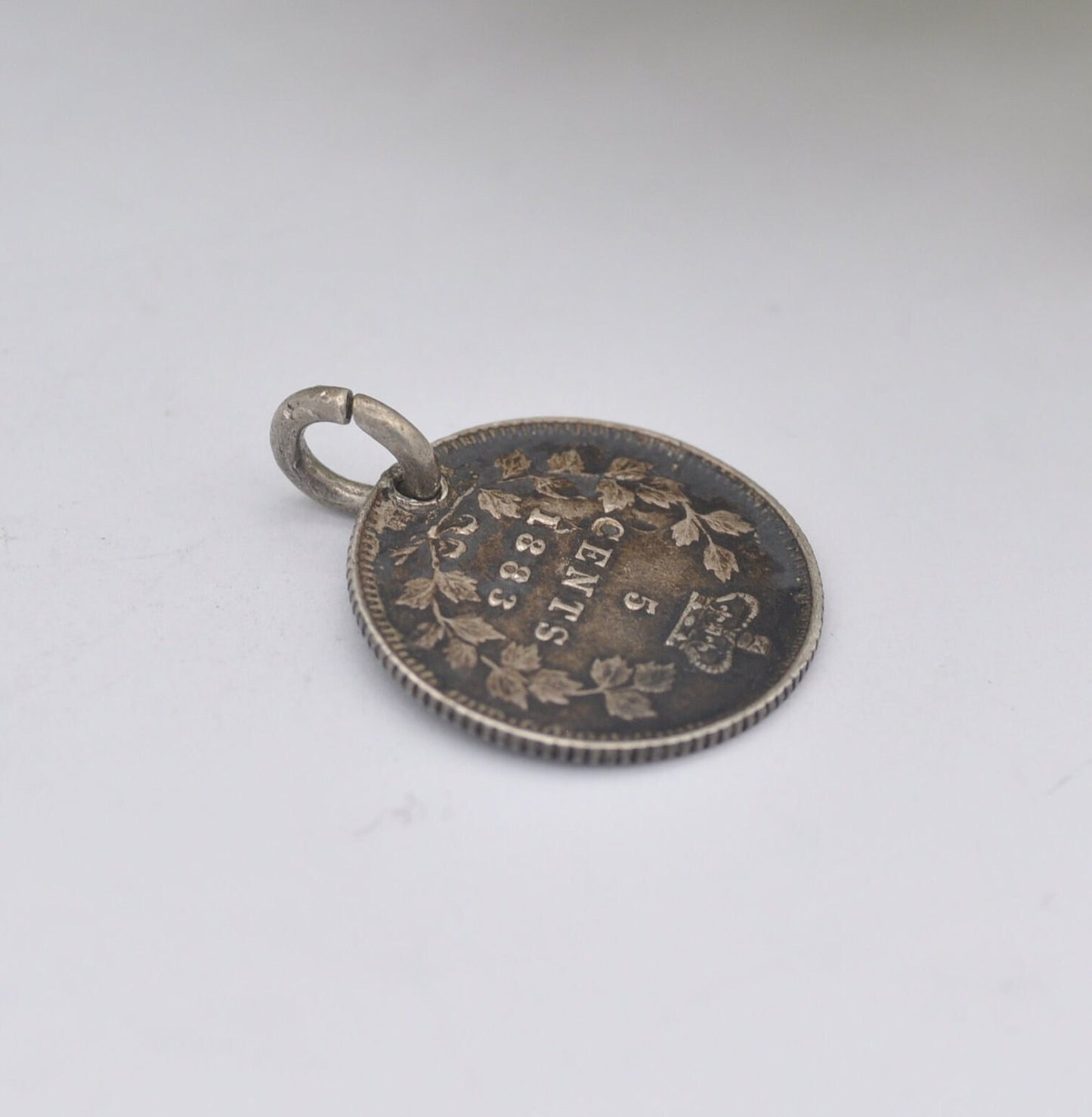 Antique Silver Victoria Canada 5 Cents 1883 Coin Charm Pendant - Young Victoria in Laurel Wreath
