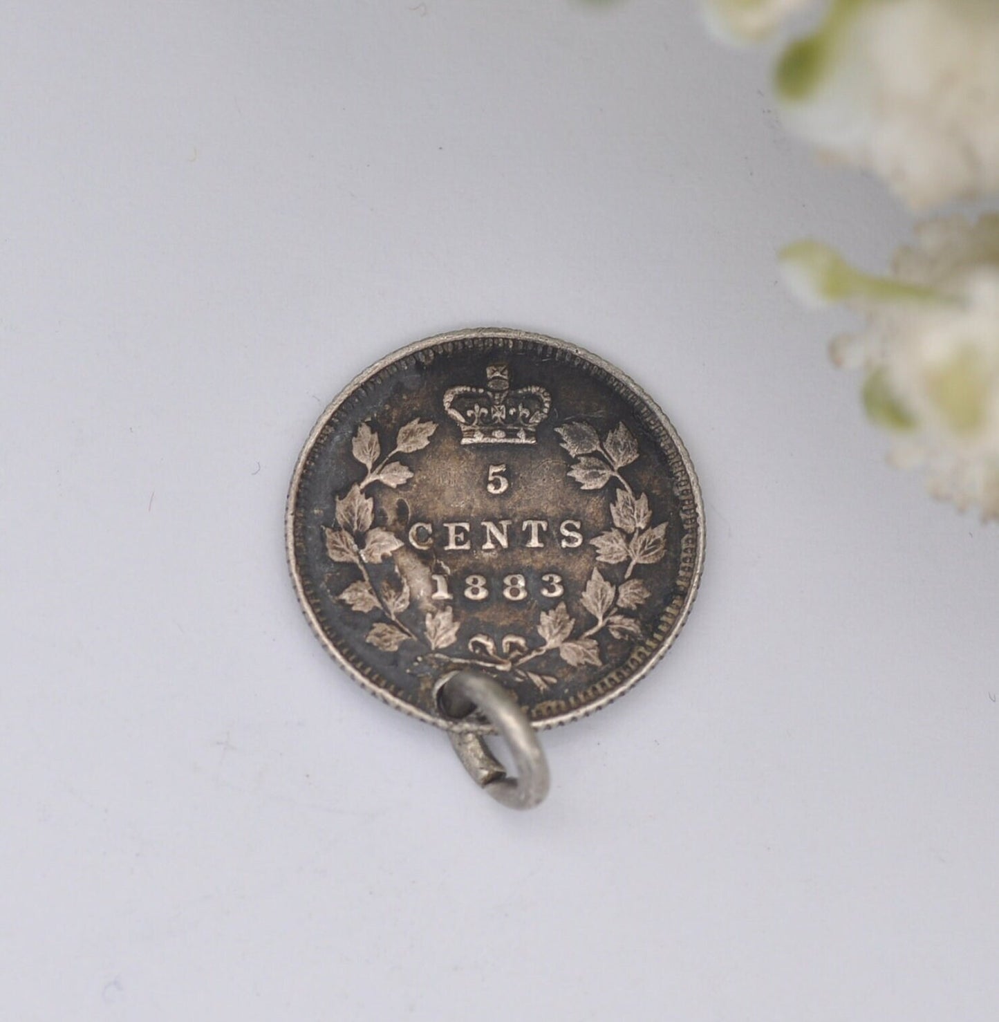 Antique Silver Victoria Canada 5 Cents 1883 Coin Charm Pendant - Young Victoria in Laurel Wreath