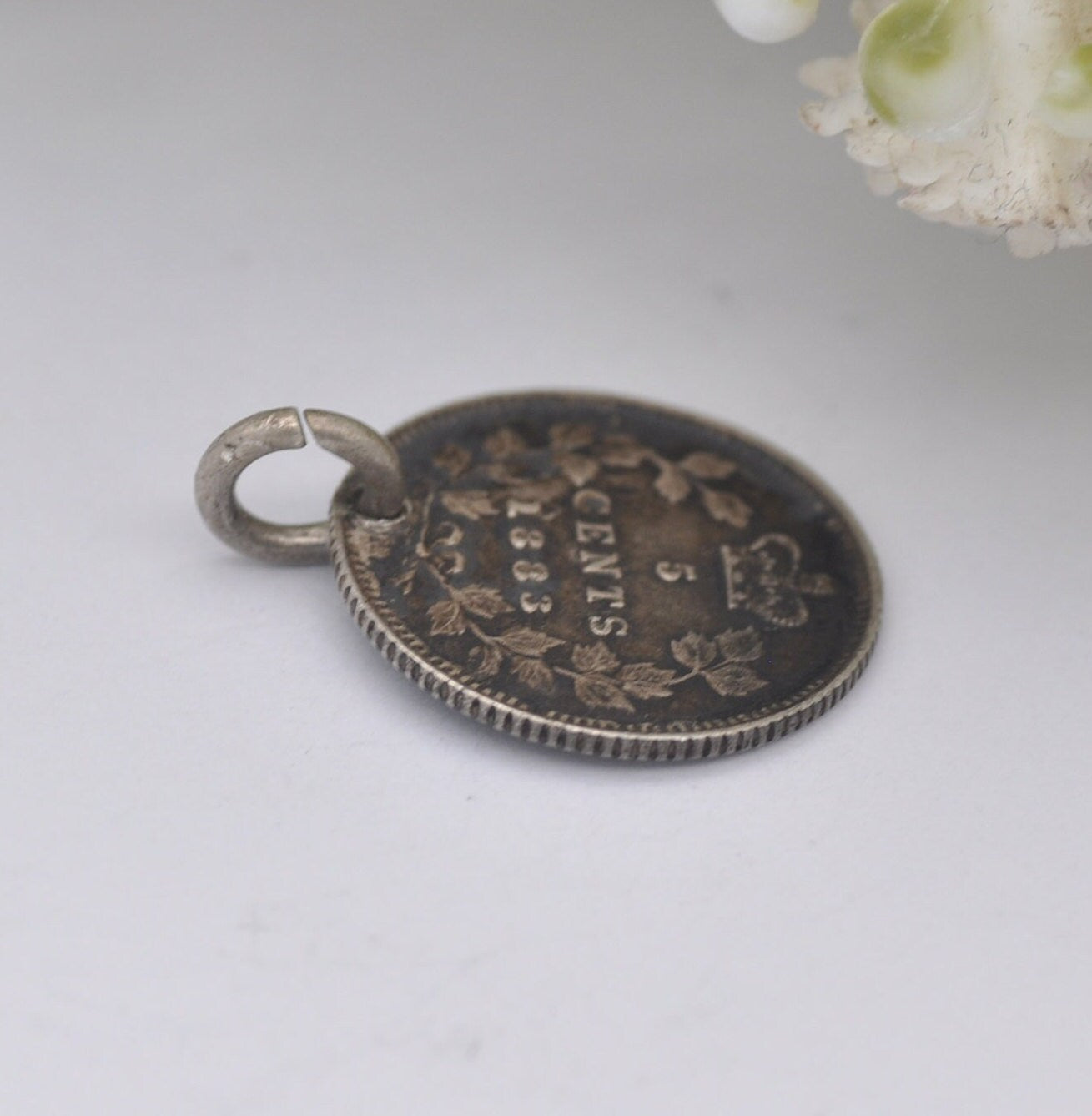 Antique Silver Victoria Canada 5 Cents 1883 Coin Charm Pendant - Young Victoria in Laurel Wreath