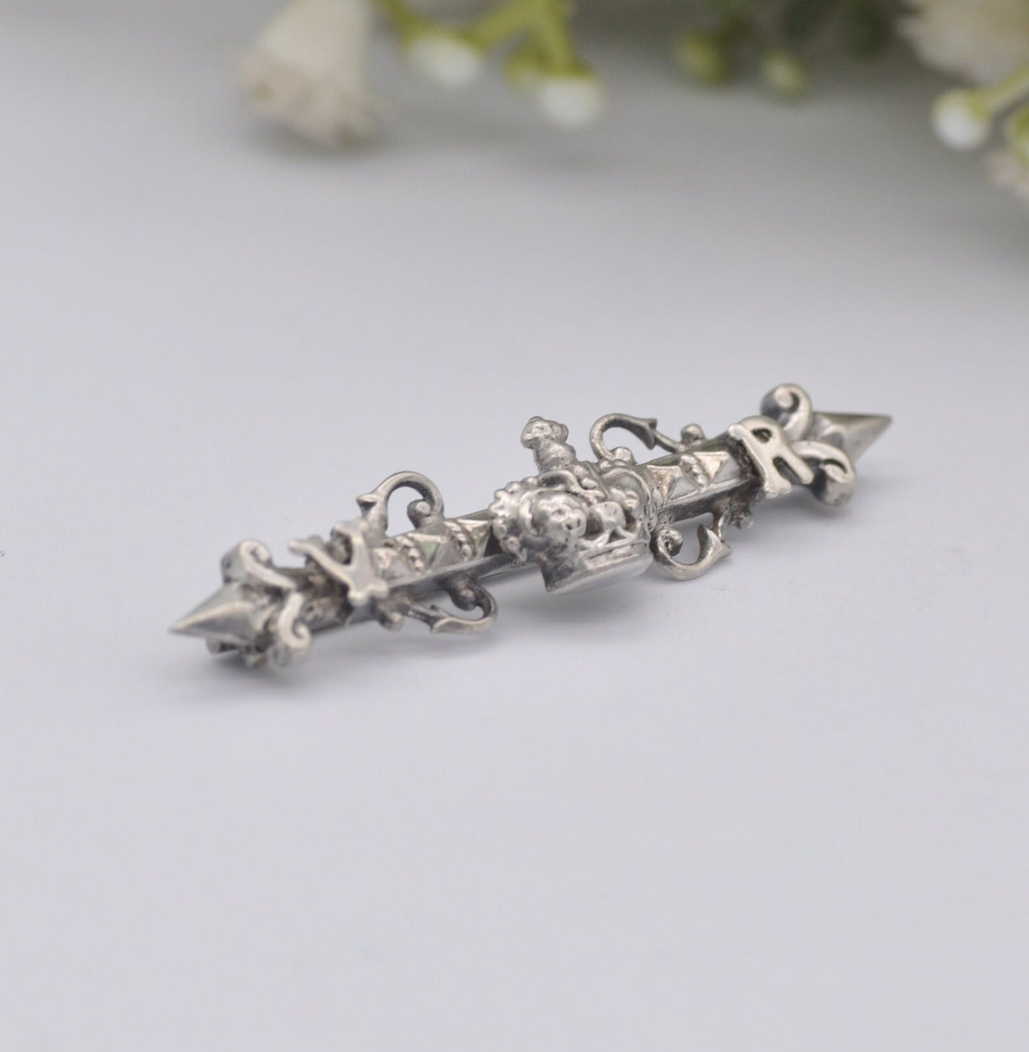 Antique Queen Victoria Sterling Silver VR Crown Bar Brooch - Royal Memorabilia