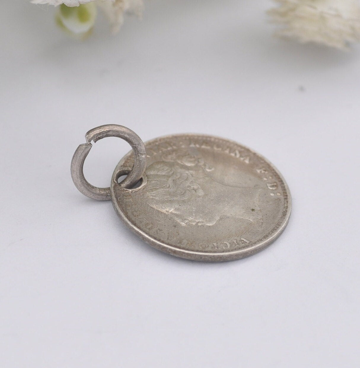 Antique Victorian Silver Three Pence 1885 Coin Charm Pendant - Young Head | Victorian Silver Coin Jewellery
