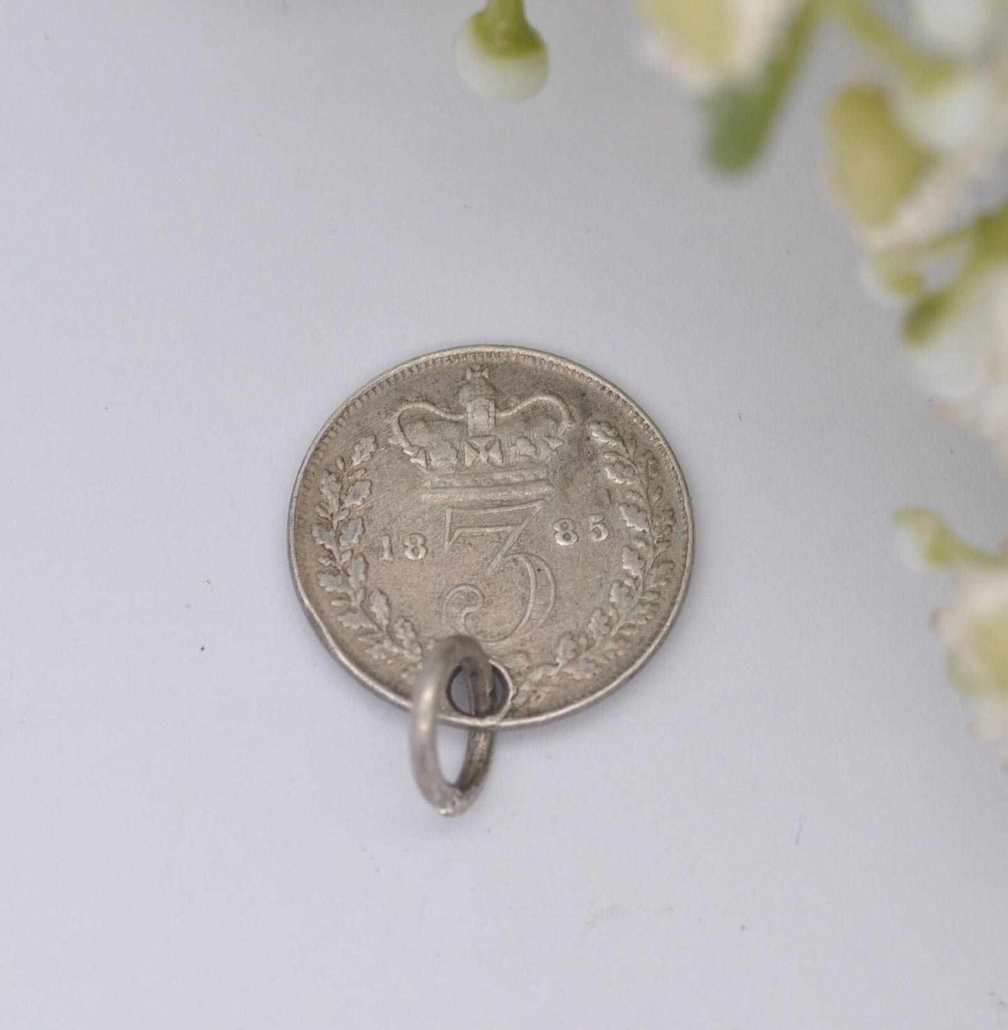 Antique Victorian Silver Three Pence 1885 Coin Charm Pendant - Young Head | Victorian Silver Coin Jewellery
