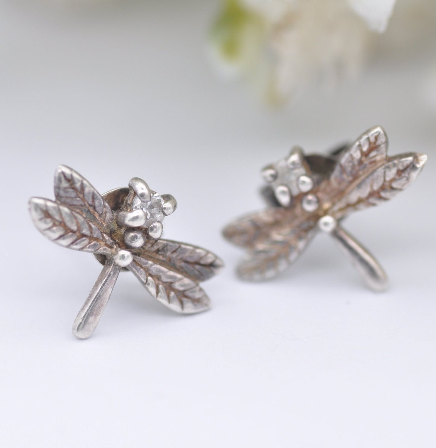 Vintage Sterling Silver Diamond Dragonfly Stud Earrings - Diamond Head Insect