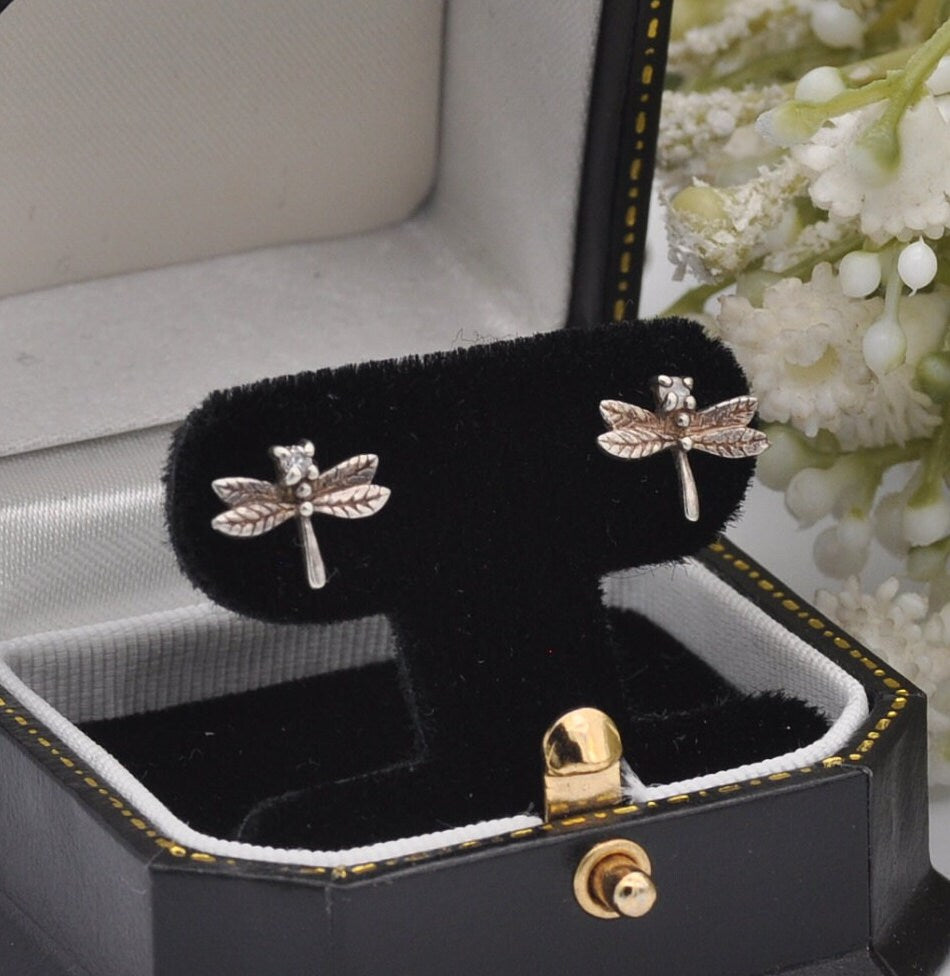 Vintage Sterling Silver Diamond Dragonfly Stud Earrings - Diamond Head Insect