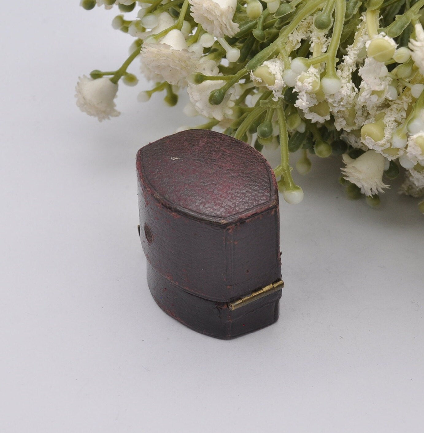 Antique Victorian Burgundy Leather Ring Box with Clasp Front - Squared Oval Shape | Silk and Velvet Lined