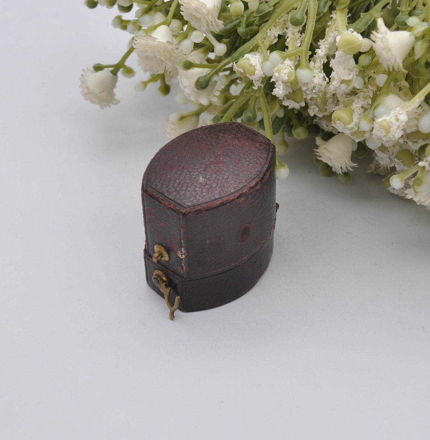 Antique Victorian Burgundy Leather Ring Box with Clasp Front - Squared Oval Shape | Silk and Velvet Lined
