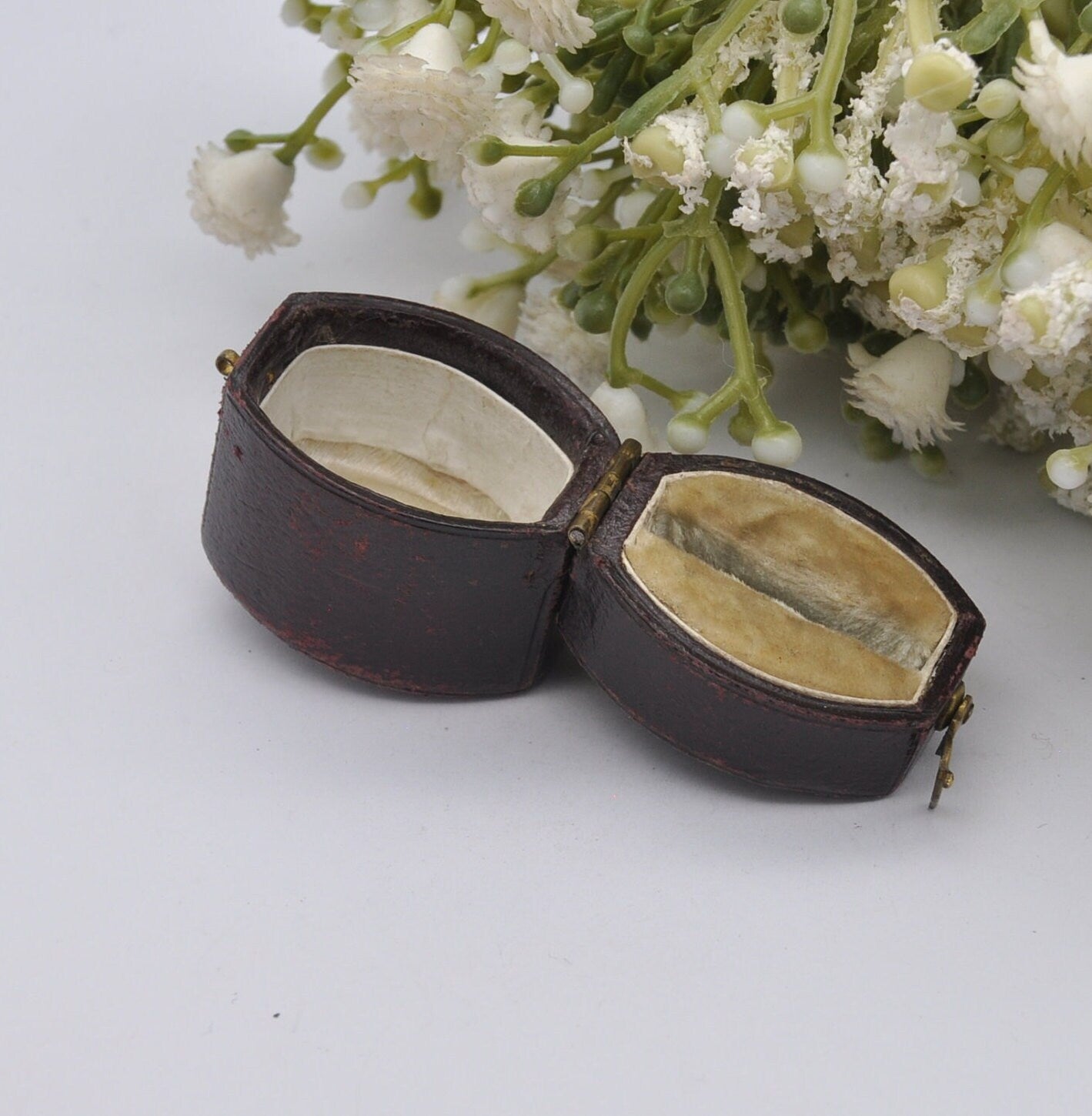 Antique Victorian Burgundy Leather Ring Box with Clasp Front - Squared Oval Shape | Silk and Velvet Lined