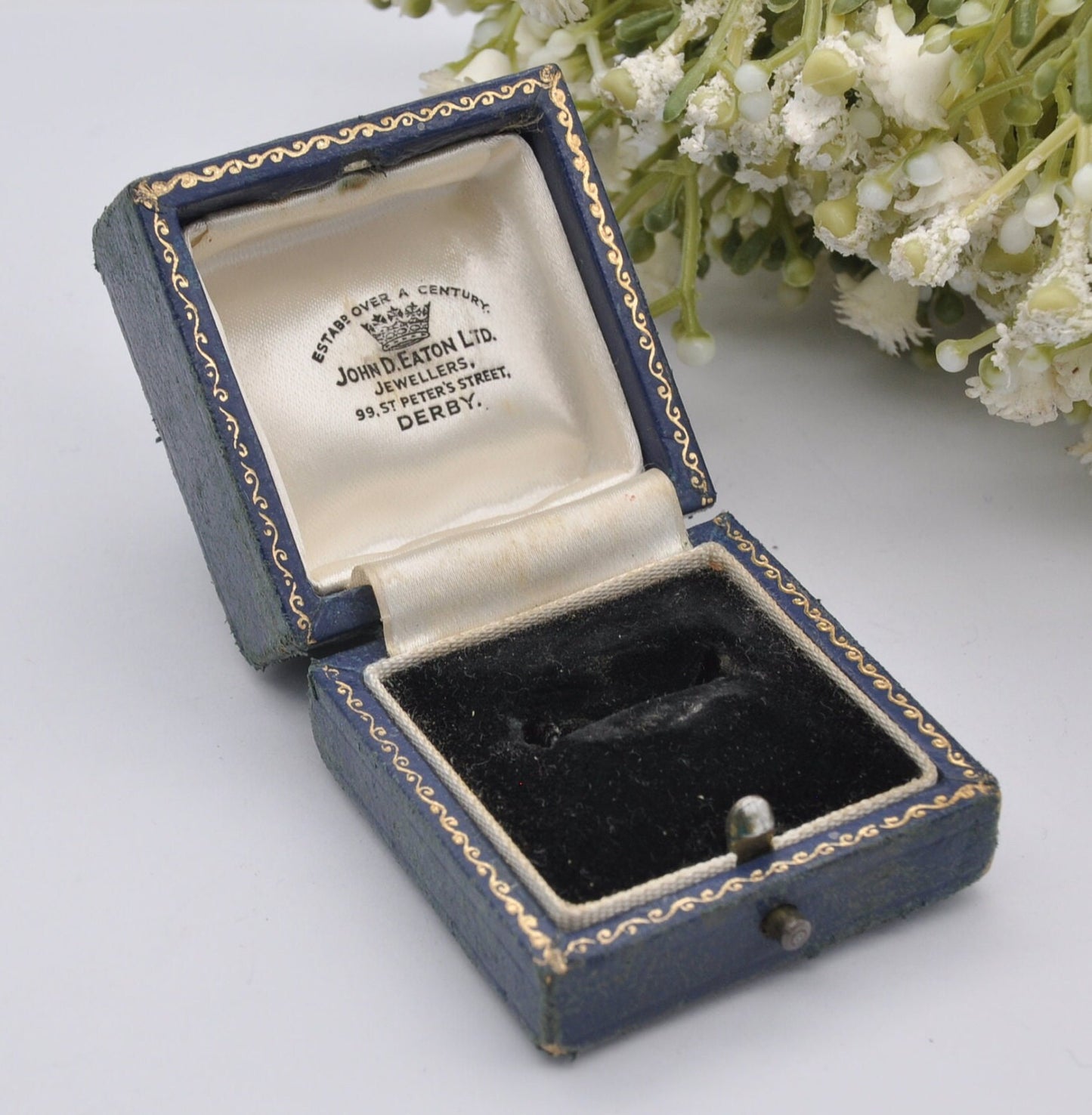 Vintage Blue Leather Ring Box with Gold Tooling - John D. Eaton Jewellers Derby | Silk and Velvet Lined