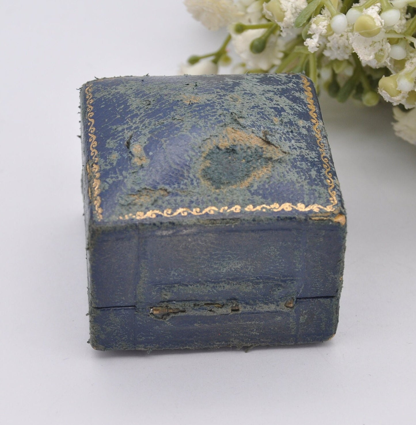 Vintage Blue Leather Ring Box with Gold Tooling - John D. Eaton Jewellers Derby | Silk and Velvet Lined