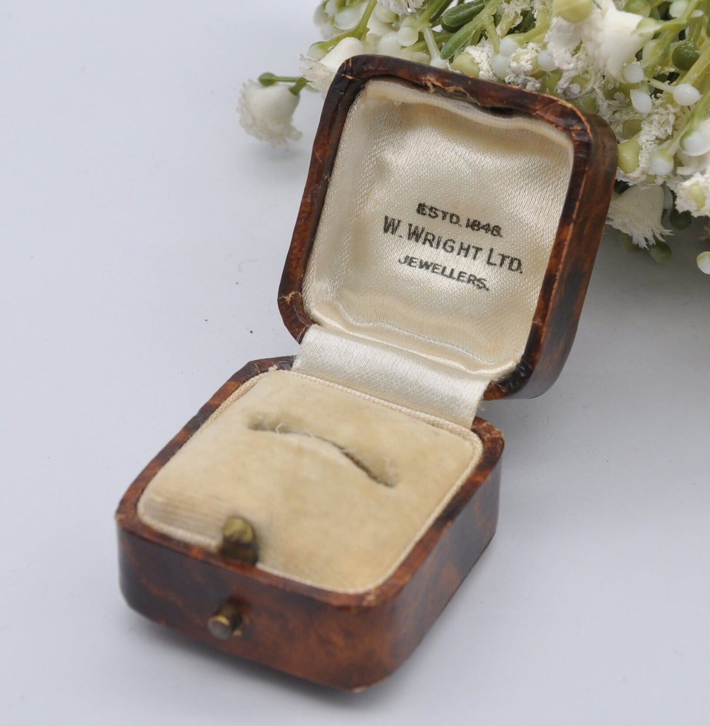 Antique Ring Box with Gold Tooling - W. Wright Jewellers | Faux Tortoise Shell Effect | Silk and Velvet Lined