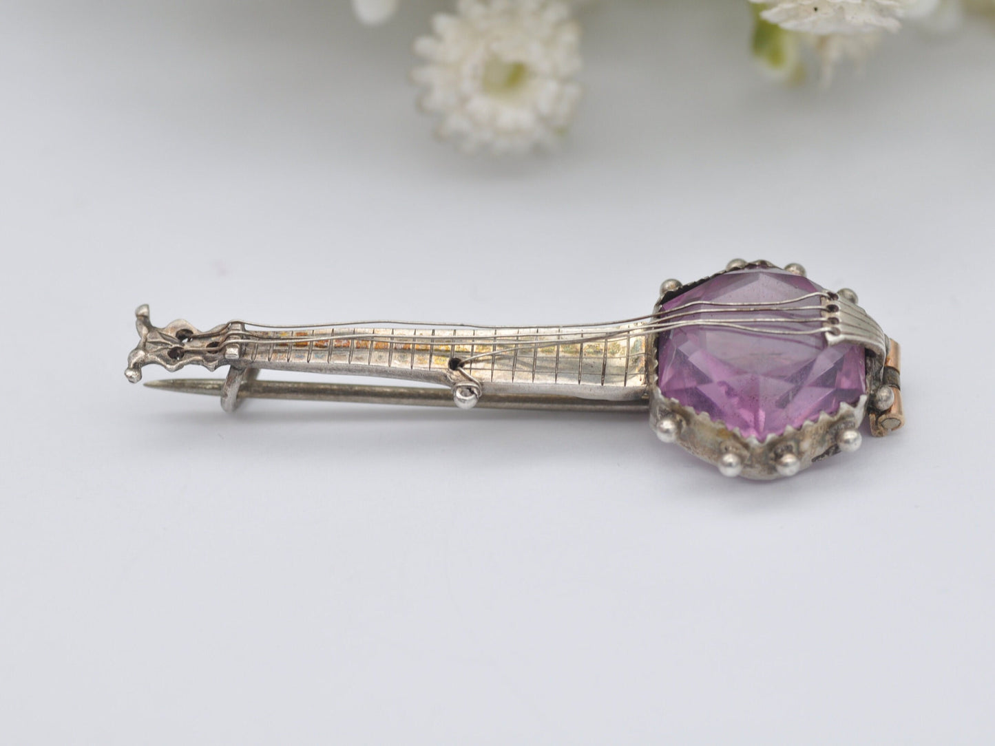Antique Sterling Silver Banjo Brooch with Purple Paste Body - Victorian Novelty Musical Instrument Jewellery