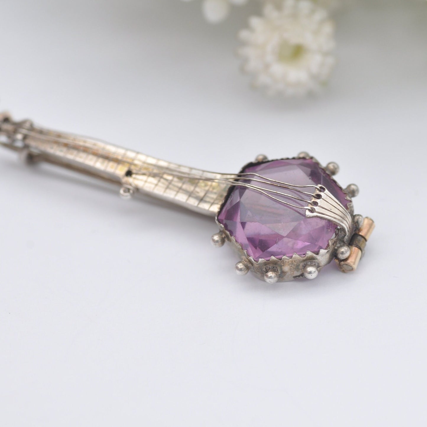 Antique Sterling Silver Banjo Brooch with Purple Paste Body - Victorian Novelty Musical Instrument Jewellery