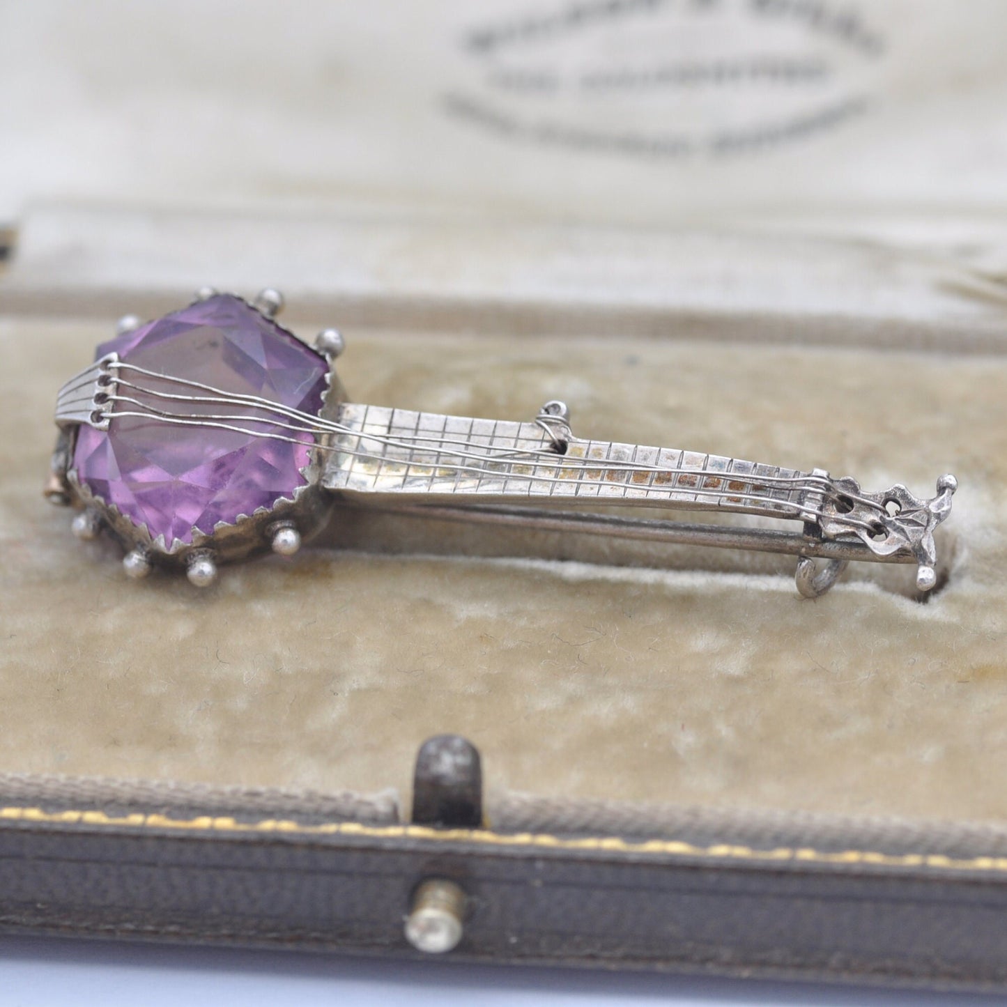 Antique Sterling Silver Banjo Brooch with Purple Paste Body - Victorian Novelty Musical Instrument Jewellery