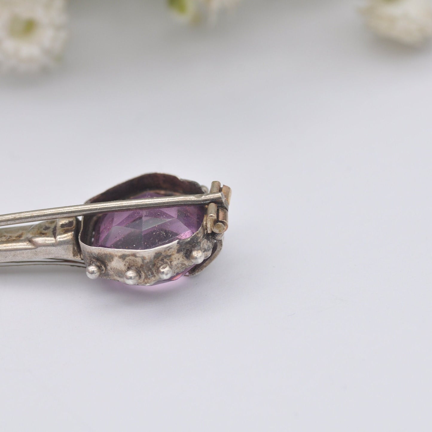 Antique Sterling Silver Banjo Brooch with Purple Paste Body - Victorian Novelty Musical Instrument Jewellery