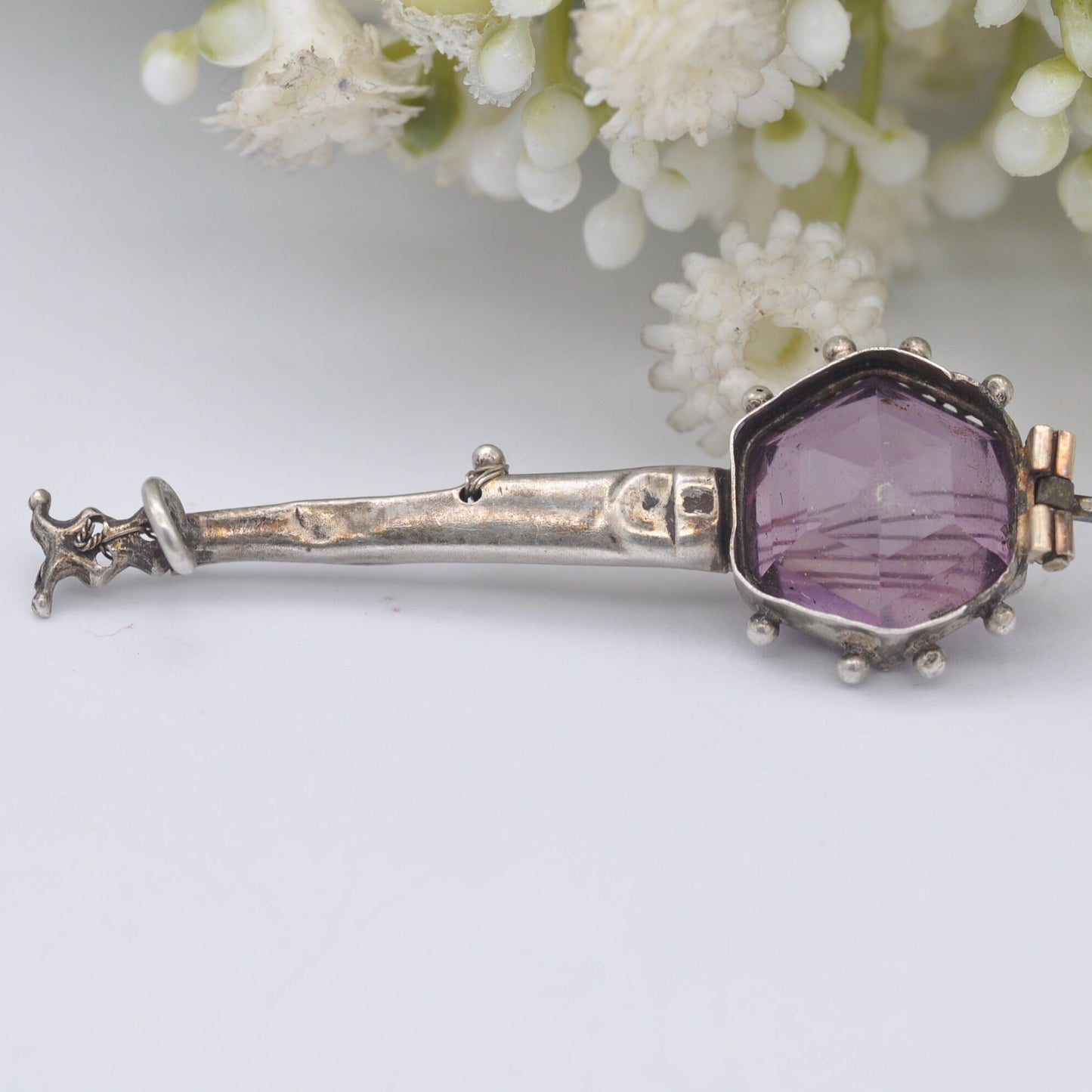 Antique Sterling Silver Banjo Brooch with Purple Paste Body - Victorian Novelty Musical Instrument Jewellery