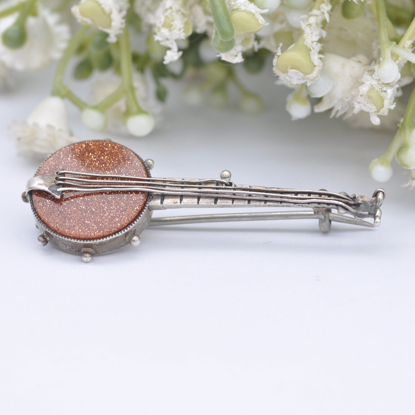 Antique Sterling Silver Goldstone Banjo Brooch - Victorian Musical Instrument Jewellery