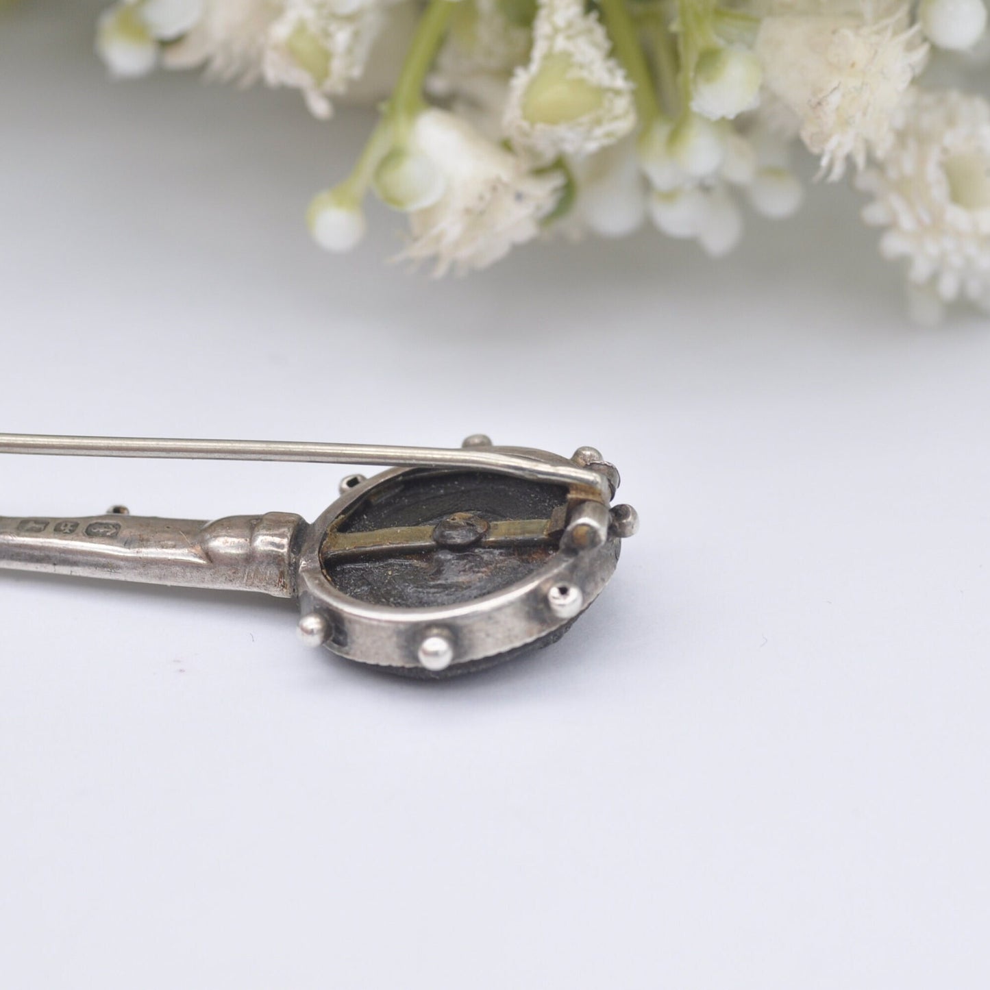 Antique Sterling Silver Banjo Brooch 1890 with Hunting Horn and Crown by Adie & Lovekin - Victorian Novelty Musical Instrument Jewellery
