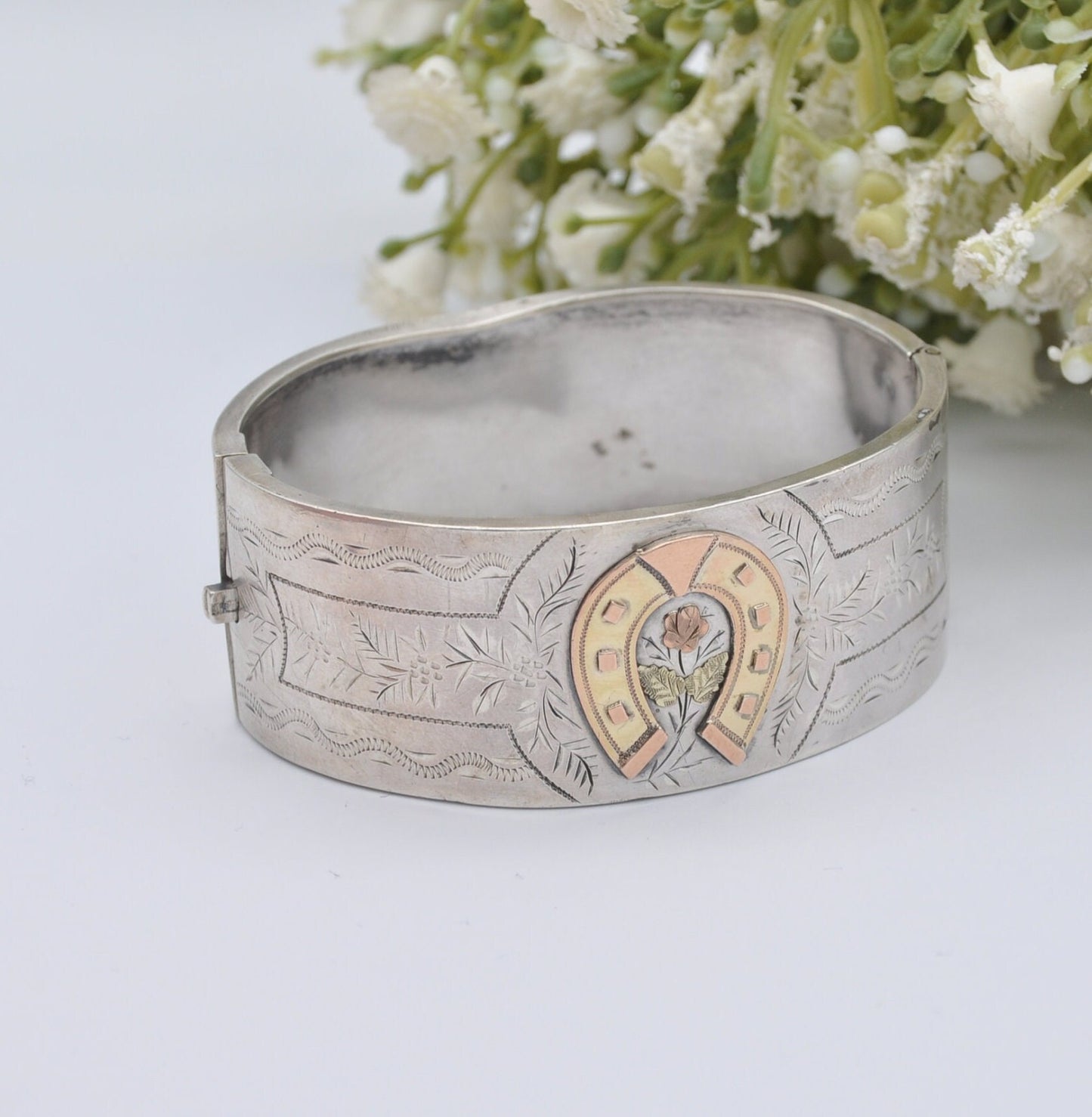 Antique Victorian Sterling Silver Bangle with Lucky Horseshoe and Rose - Aesthetic Movement | Hand Engraved | Rose Gold Plating