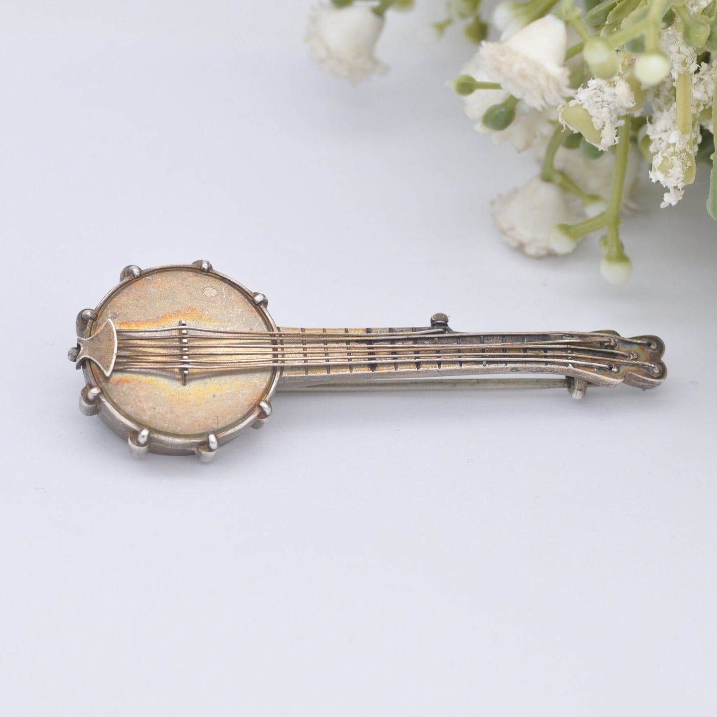 Large Antique Victorian Sterling Silver Banjo Brooch with Six Strings - Victorian Novelty Musical Instrument Jewellery
