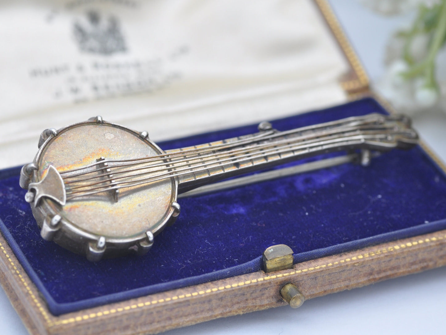 Large Antique Victorian Sterling Silver Banjo Brooch with Six Strings - Victorian Novelty Musical Instrument Jewellery