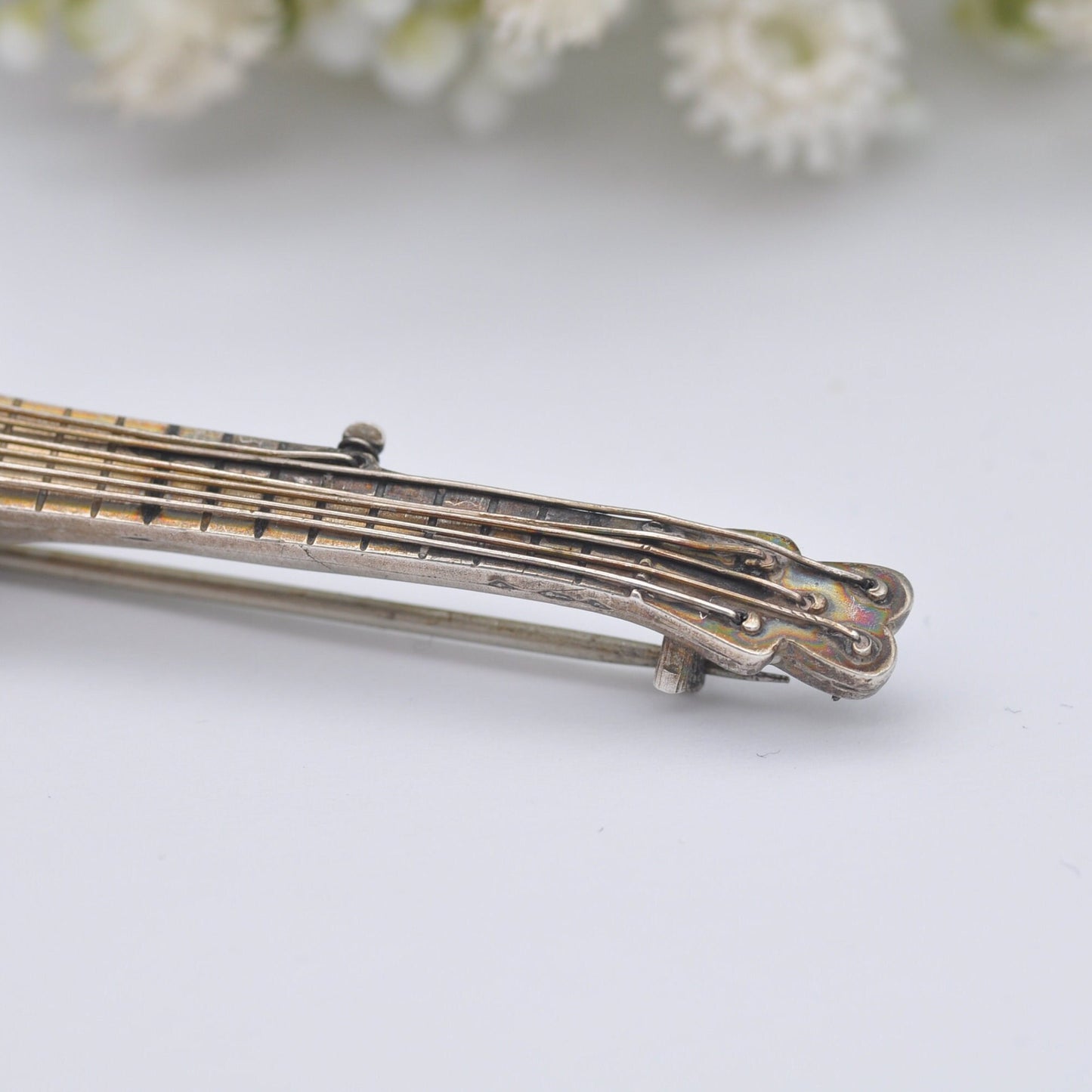 Large Antique Victorian Sterling Silver Banjo Brooch with Six Strings - Victorian Novelty Musical Instrument Jewellery