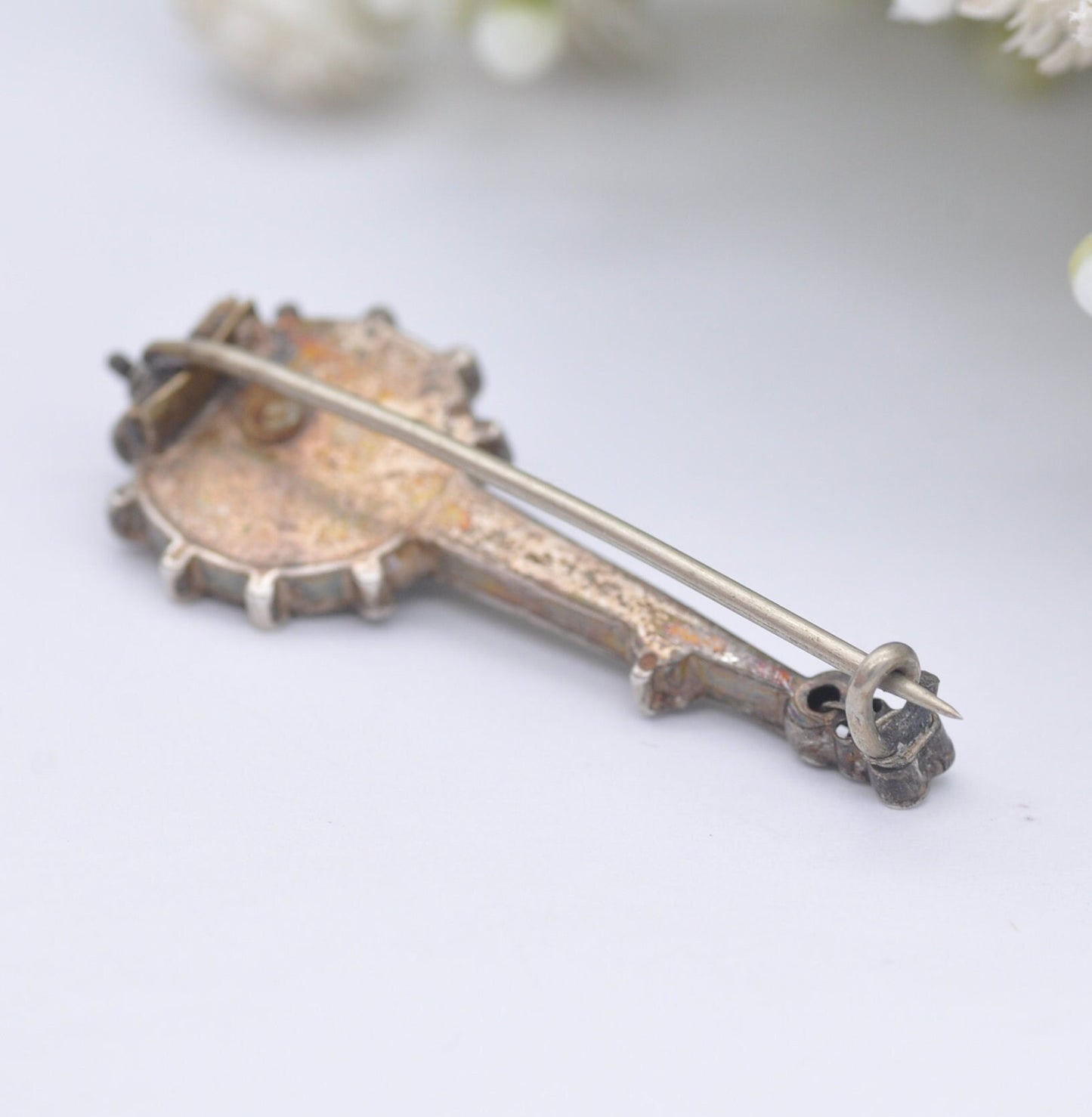 Antique Sterling Silver Jasper Banjo Brooch - Novelty Victorian Musical Instrument Jewellery