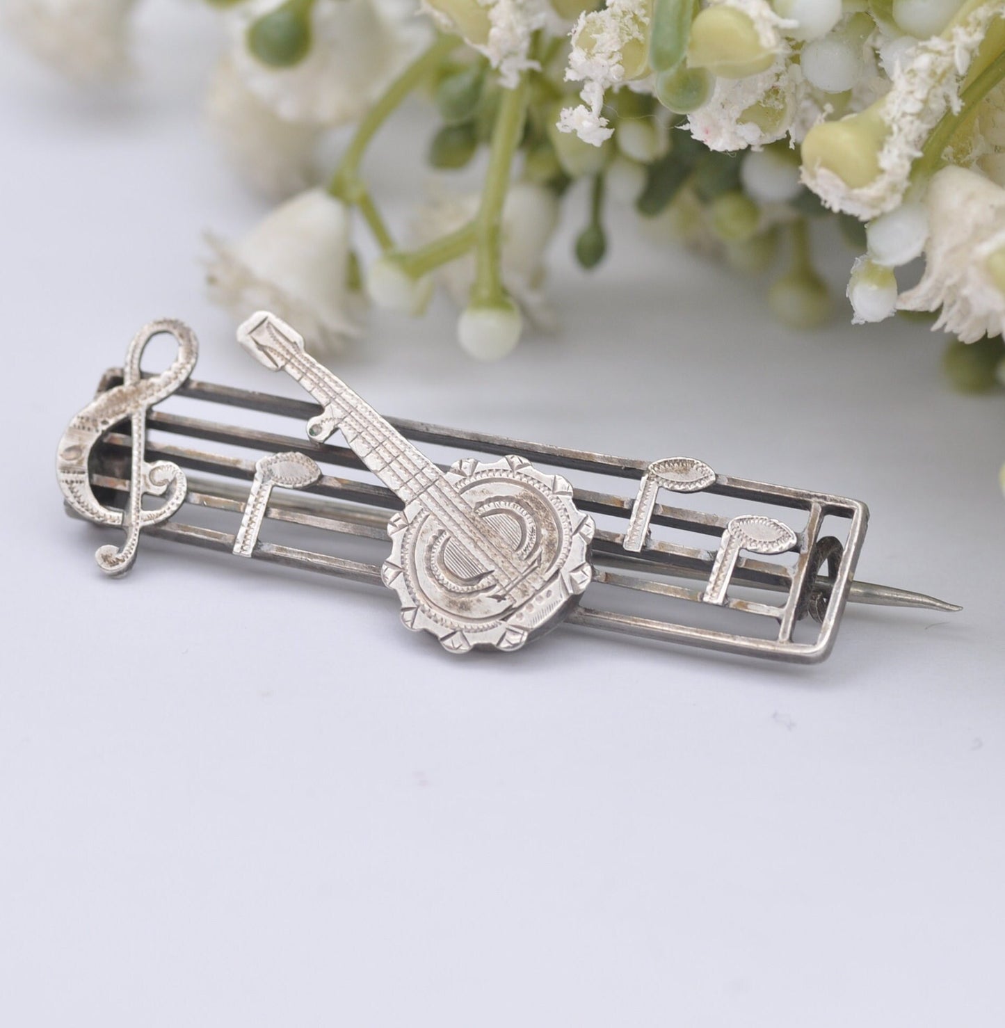 Antique Victorian Sterling Silver Musical Note and Banjo Brooch - Victorian Novelty Musical Instrument Jewellery | Treble Clef