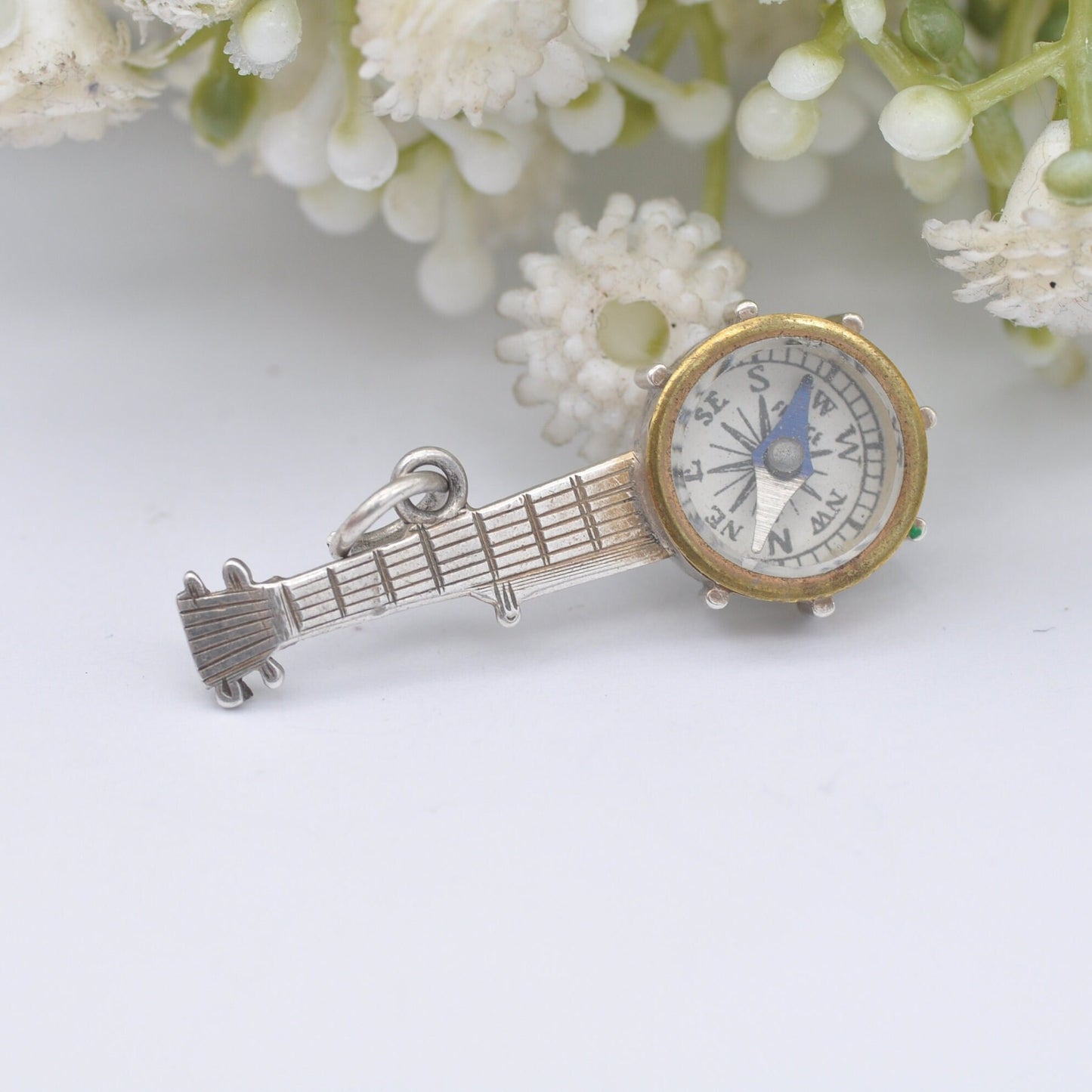 Antique Victorian Sterling Silver Compass Banjo Pendant - Victorian Novelty Musical Instrument Jewellery | Unusual Necklace