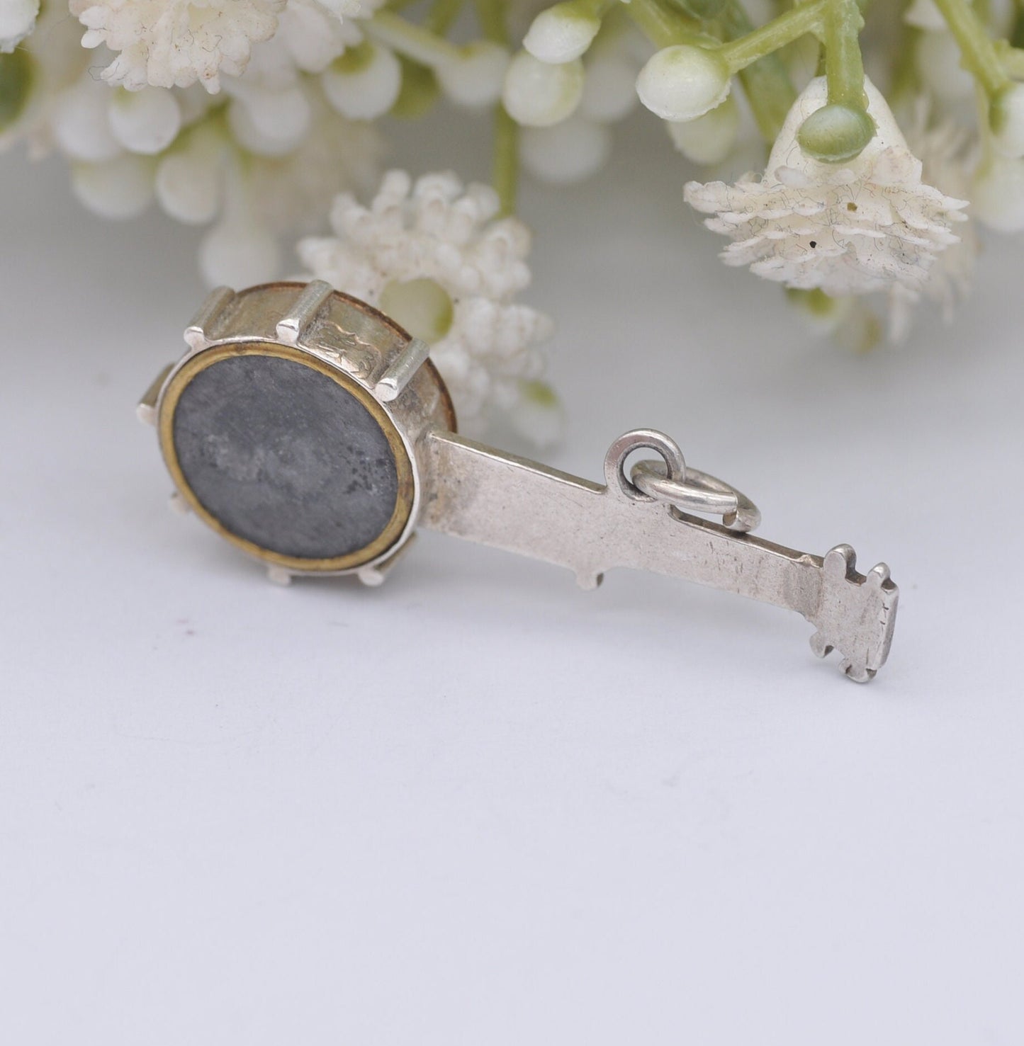 Antique Victorian Sterling Silver Compass Banjo Pendant - Victorian Novelty Musical Instrument Jewellery | Unusual Necklace