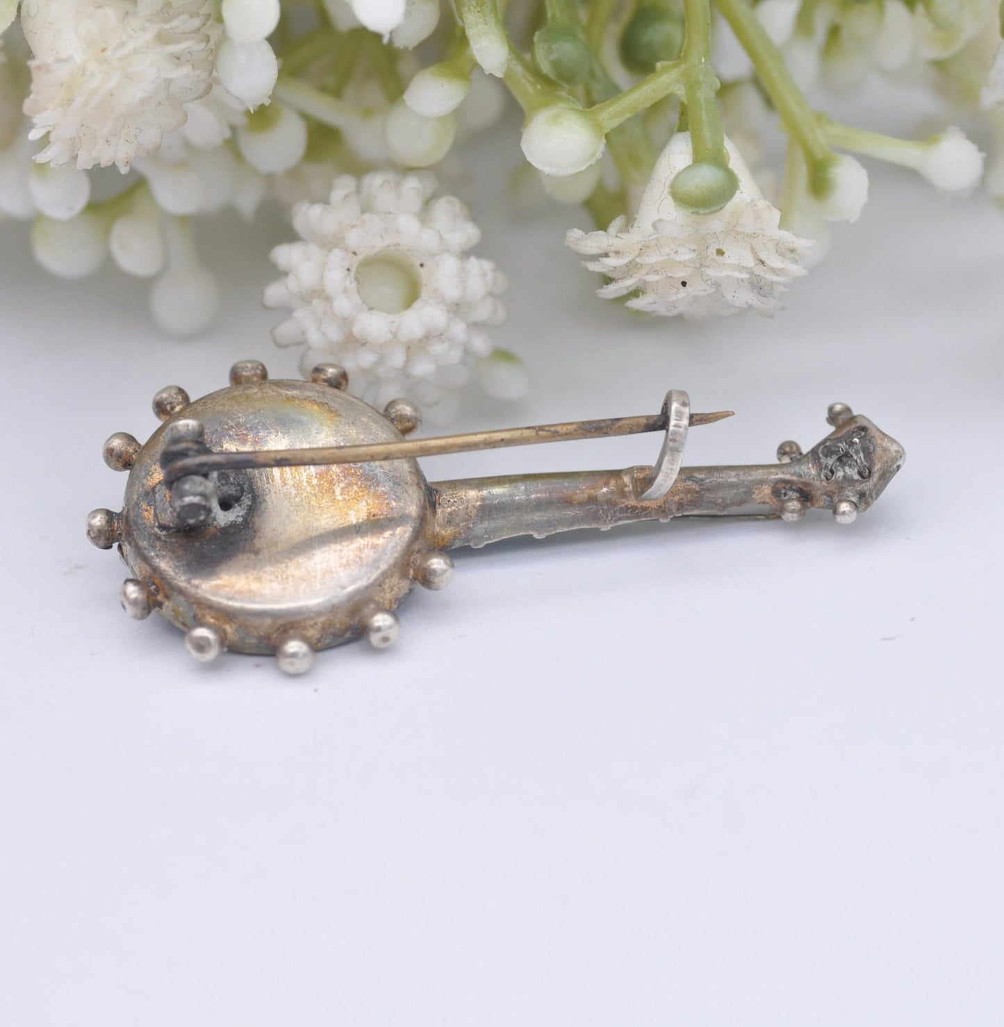 Antique Victorian Turquoise Sterling Silver Banjo Brooch with Seed Pearl - Four Strings | Victorian Novelty Musical Instrument Jewellery