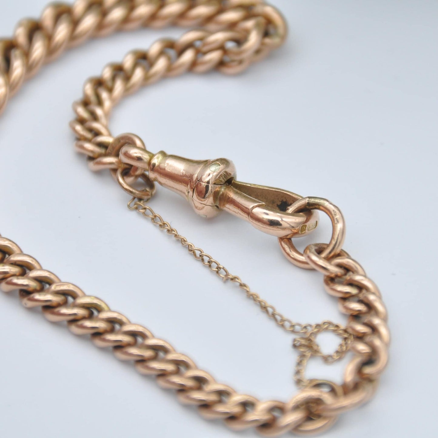 Antique 9ct Gold Curb Link Chain Bracelet with Dog Clip and Safety Chain - Graduating Links | 18cm to 21cm
