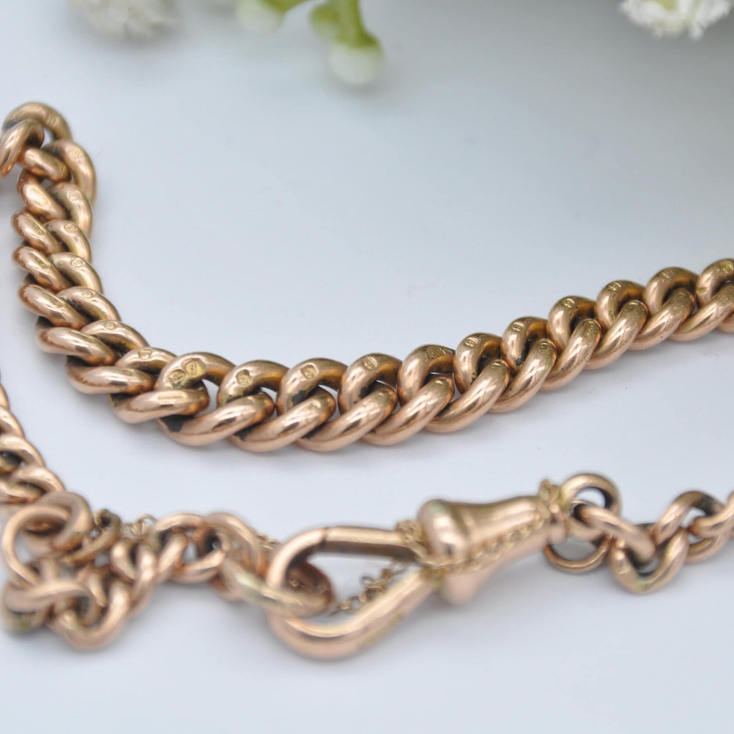 Antique 9ct Gold Curb Link Chain Bracelet with Dog Clip and Safety Chain - Graduating Links | 18cm to 21cm