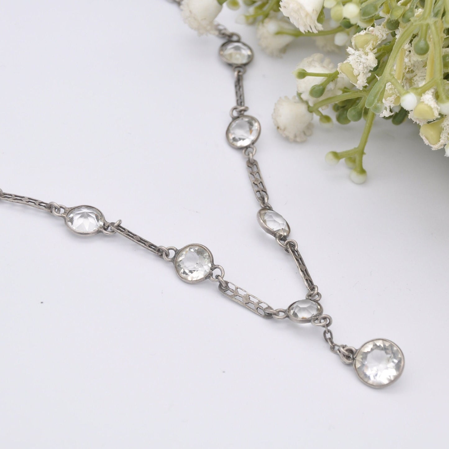 Vintage Art Deco Silver Necklace with Paste - Floral Bar Spacers | Long Drop
