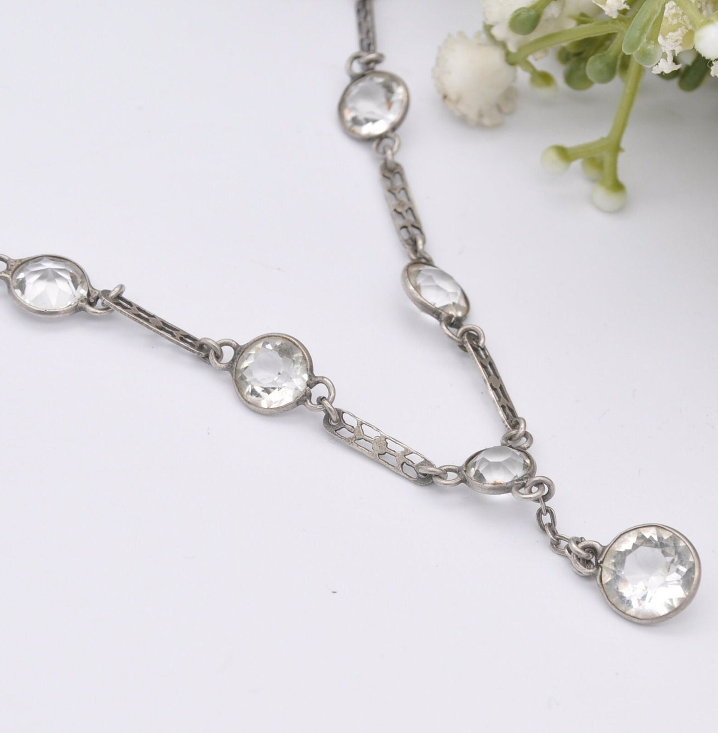 Vintage Art Deco Silver Necklace with Paste - Floral Bar Spacers | Long Drop