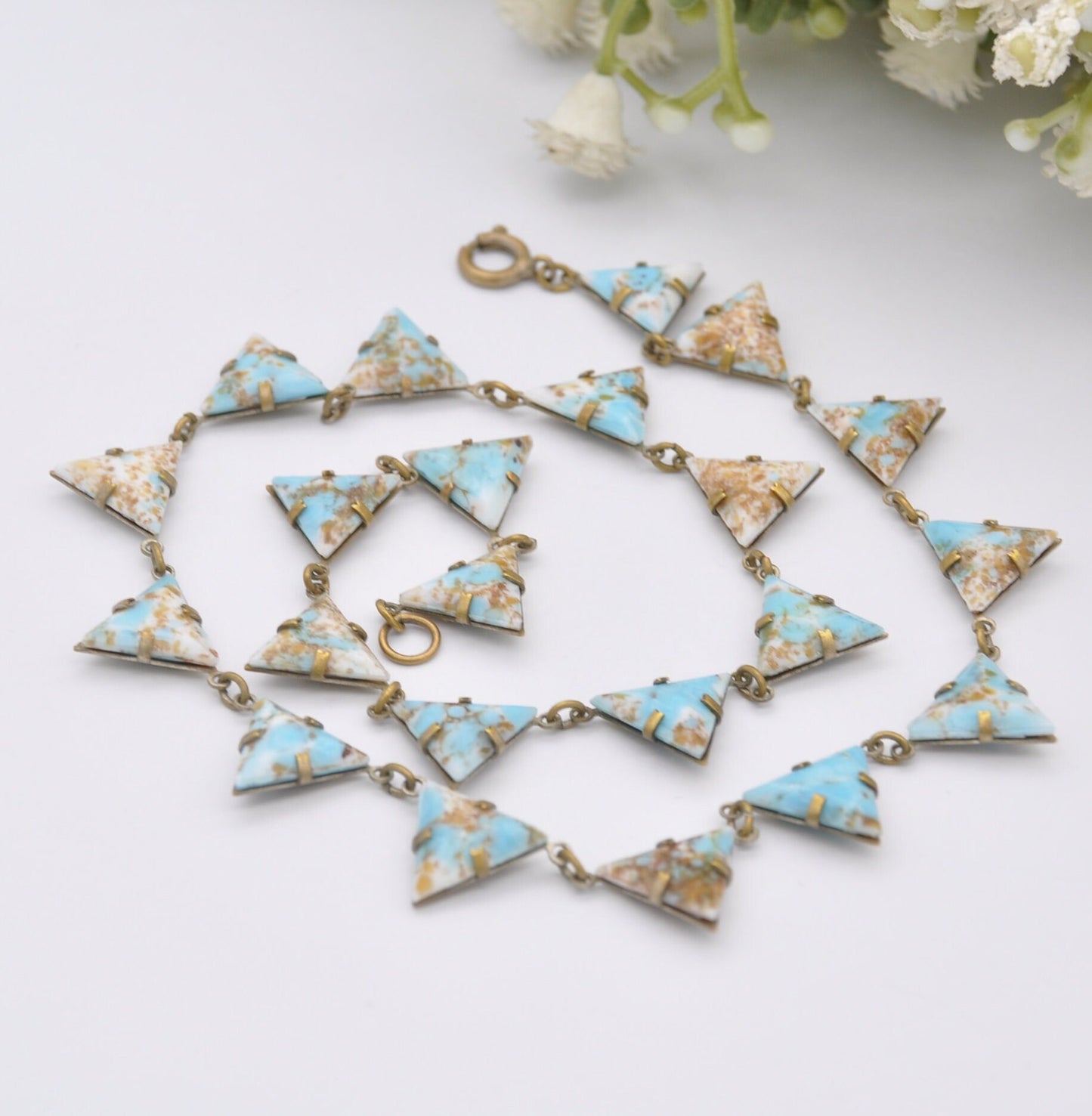 Antique Peking Glass Collar Choker Necklace - Light Blue Gold Glitter | Unusual Kitsch Jewellery | Unusual Triangle Panel Shape | 15" 38.5cm