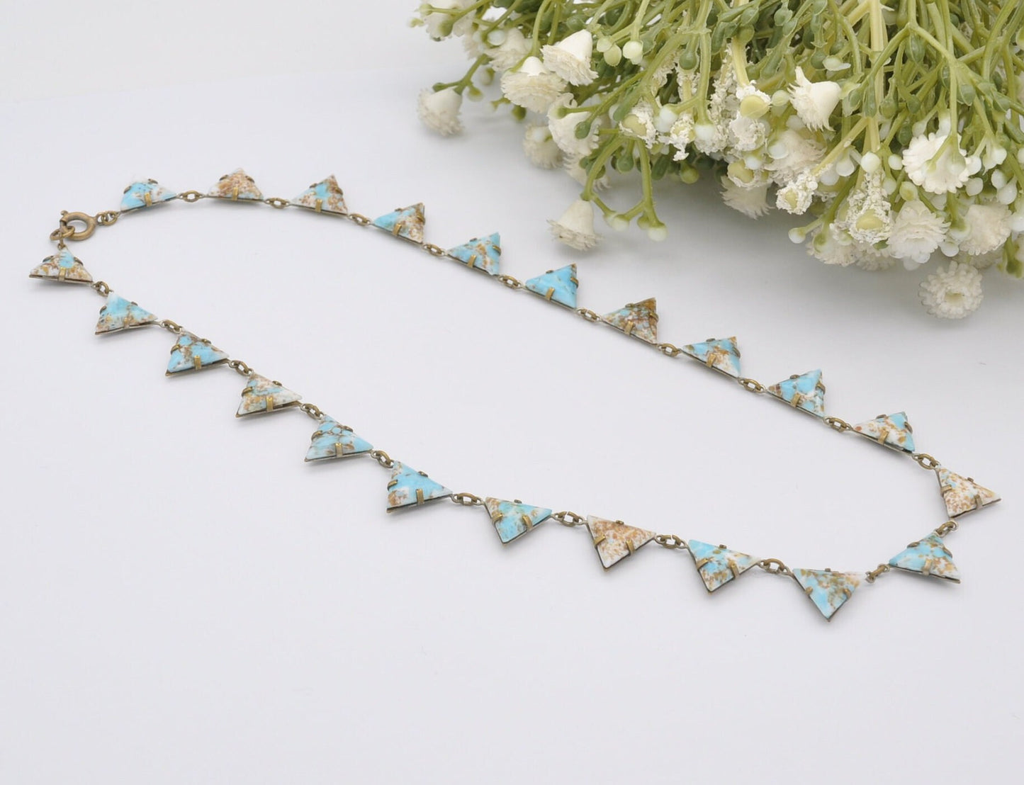 Antique Peking Glass Collar Choker Necklace - Light Blue Gold Glitter | Unusual Kitsch Jewellery | Unusual Triangle Panel Shape | 15" 38.5cm