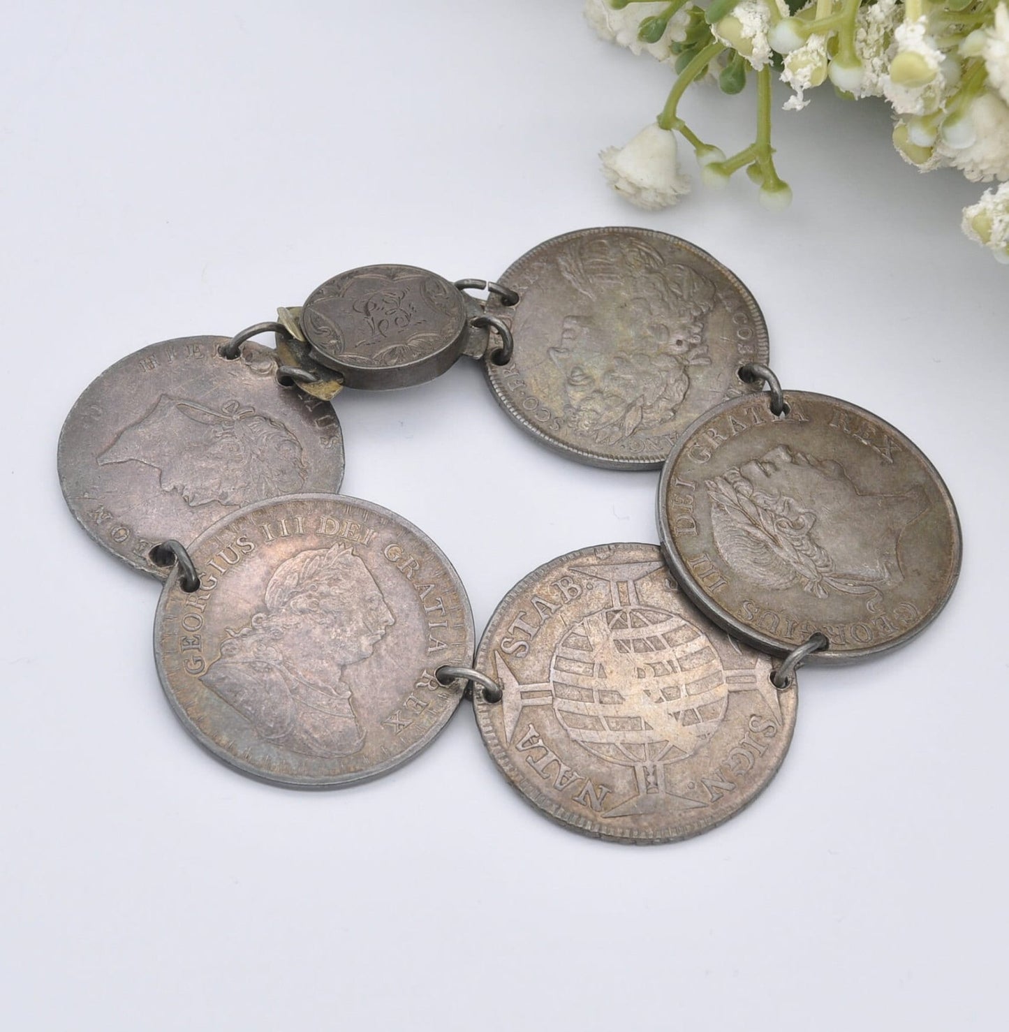 Antique Rare Silver Coin Bracelet - 1756 Joseph I 600 Réis | 1685 James II Medal | 1812 2/3 Thaler Bonaparte | 1813 George III Bank Token