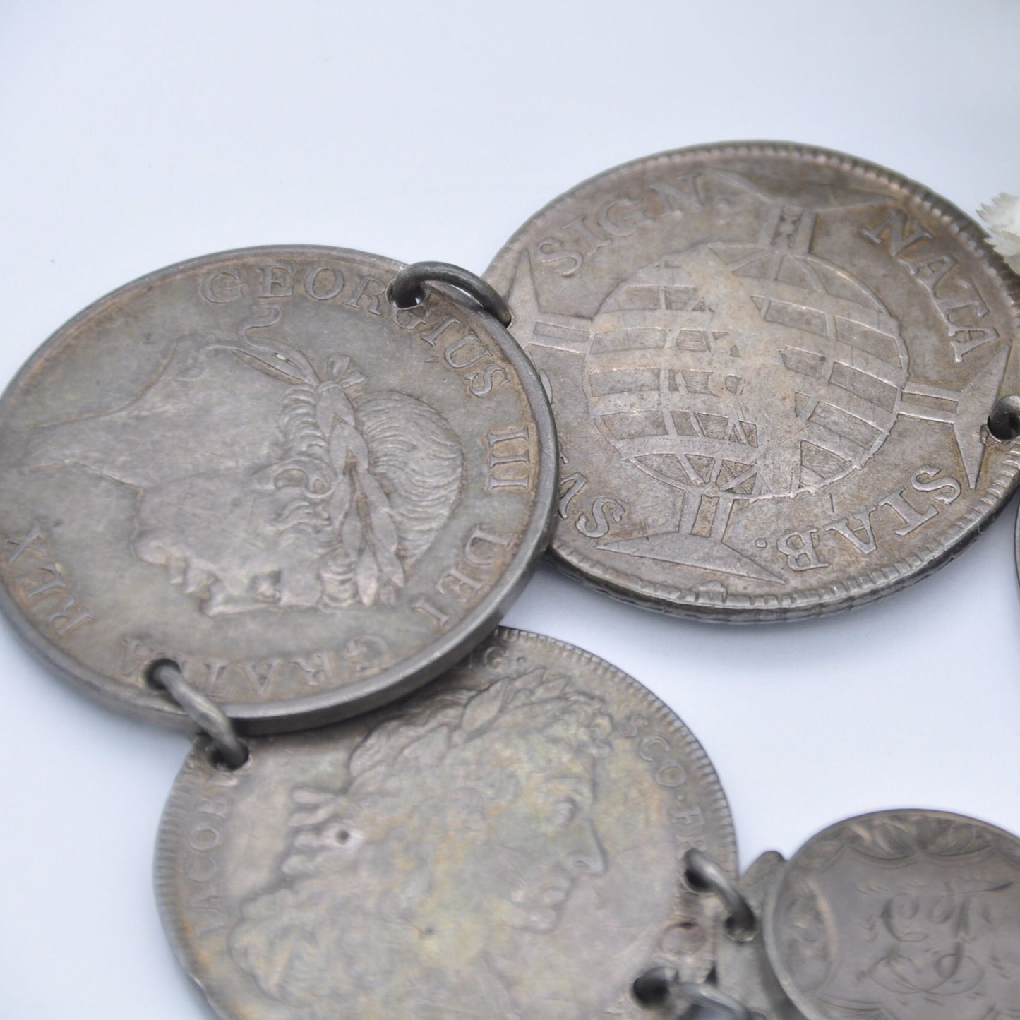 Antique Rare Silver Coin Bracelet - 1756 Joseph I 600 Réis | 1685 James II Medal | 1812 2/3 Thaler Bonaparte | 1813 George III Bank Token