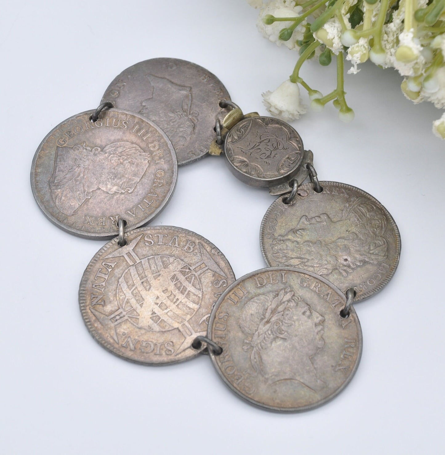 Antique Rare Silver Coin Bracelet - 1756 Joseph I 600 Réis | 1685 James II Medal | 1812 2/3 Thaler Bonaparte | 1813 George III Bank Token